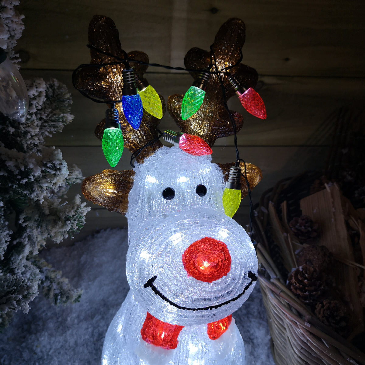 50cm Outdoor Acrylic Sitting Ice White Christmas Reindeer with Multi Coloured LED Lights on Antlers