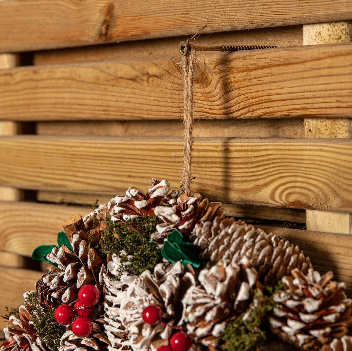 50cm Hanging Christmas YuleFest Wreath with Red Baubles & Snow Tipped Pine Cones