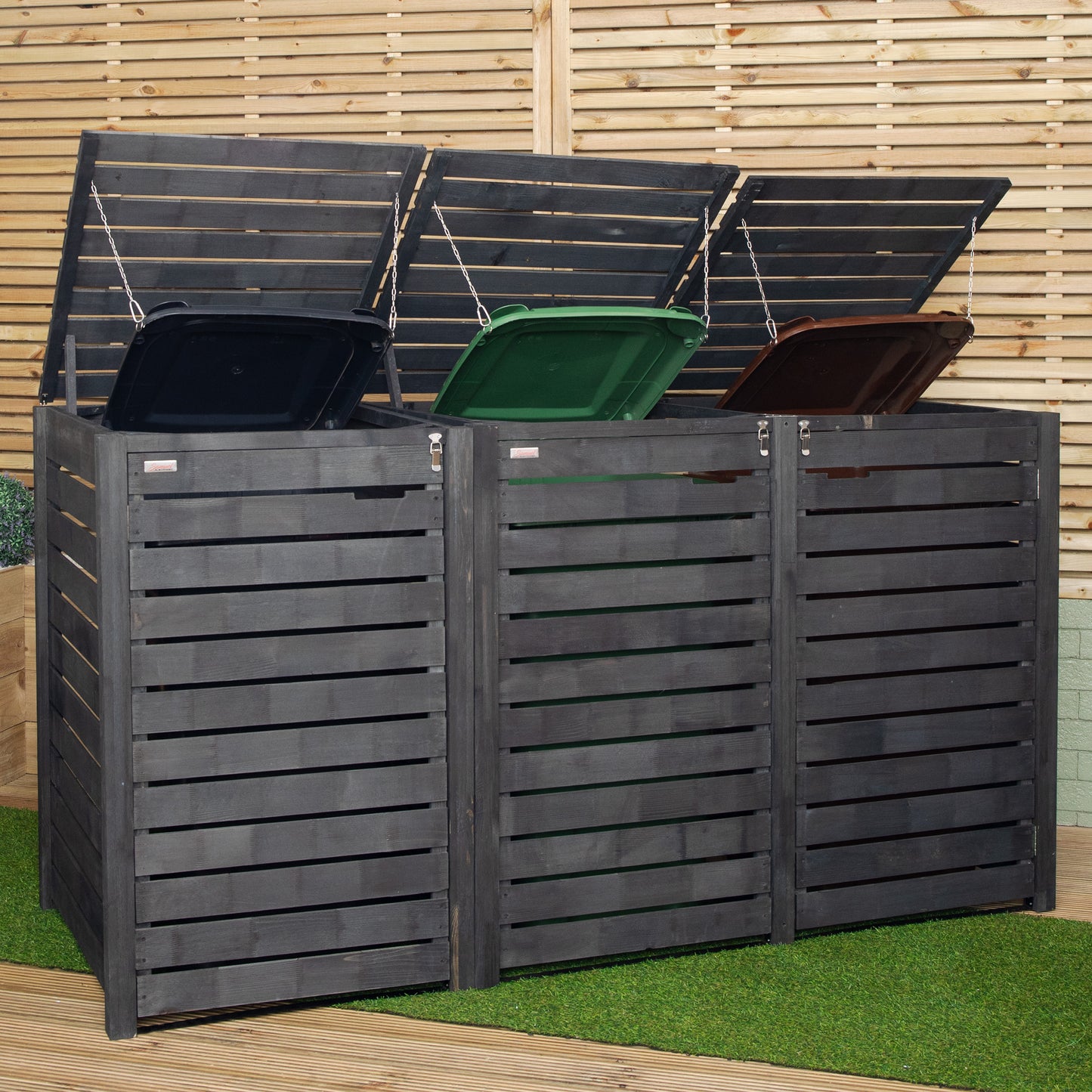 2.15m x 1.16m Outdoor Wooden Garden Triple Wheelie Bin Store Storage for 3 Bins in Dark Grey