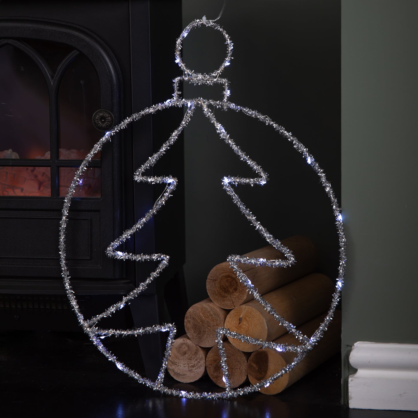 49cm Battery Powered Light up Silver Christmas Tree Ball with Twinkling LEDs