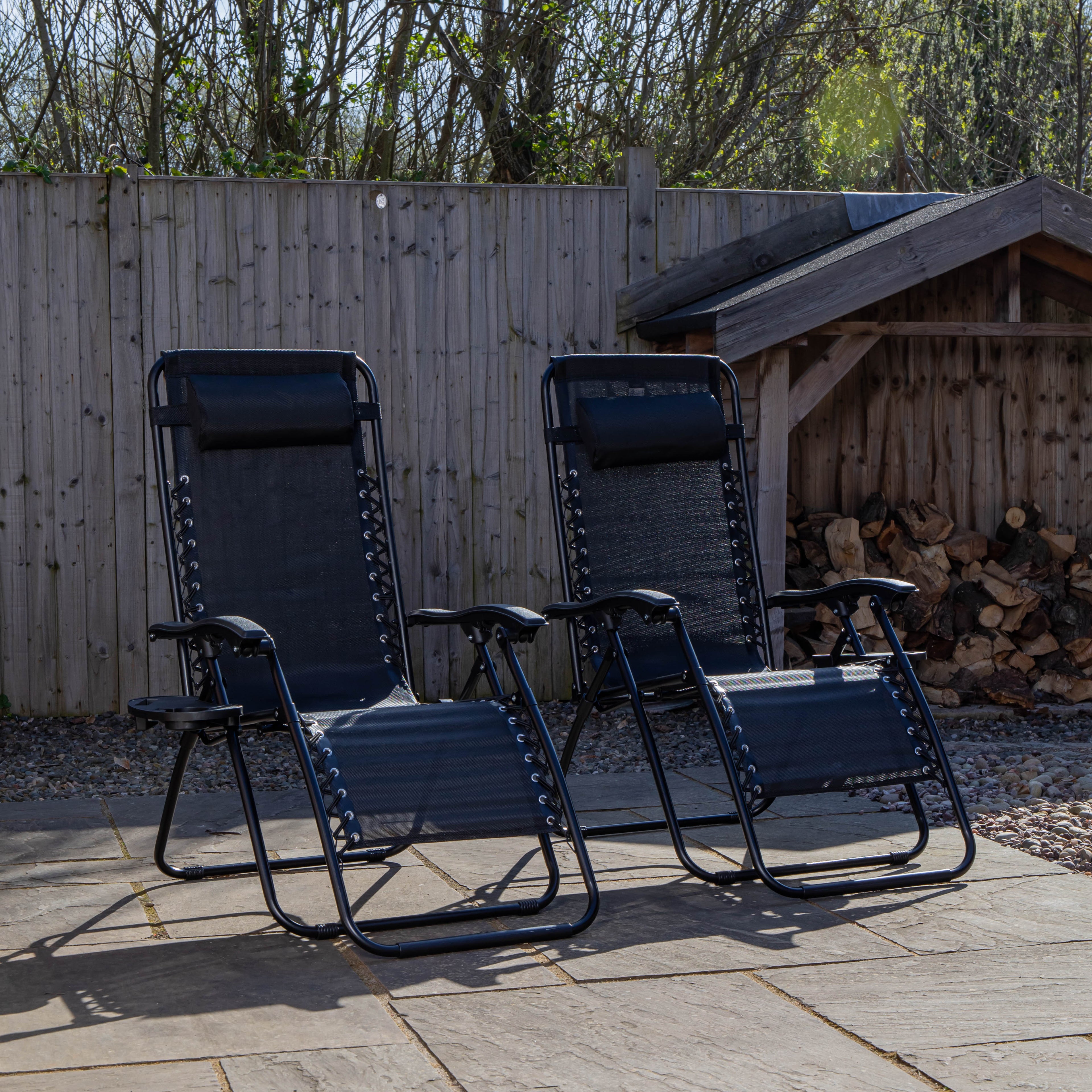 Set of 2 Black Multi Position Textoline Zero Gravity Garden Relaxer Chair Lounger