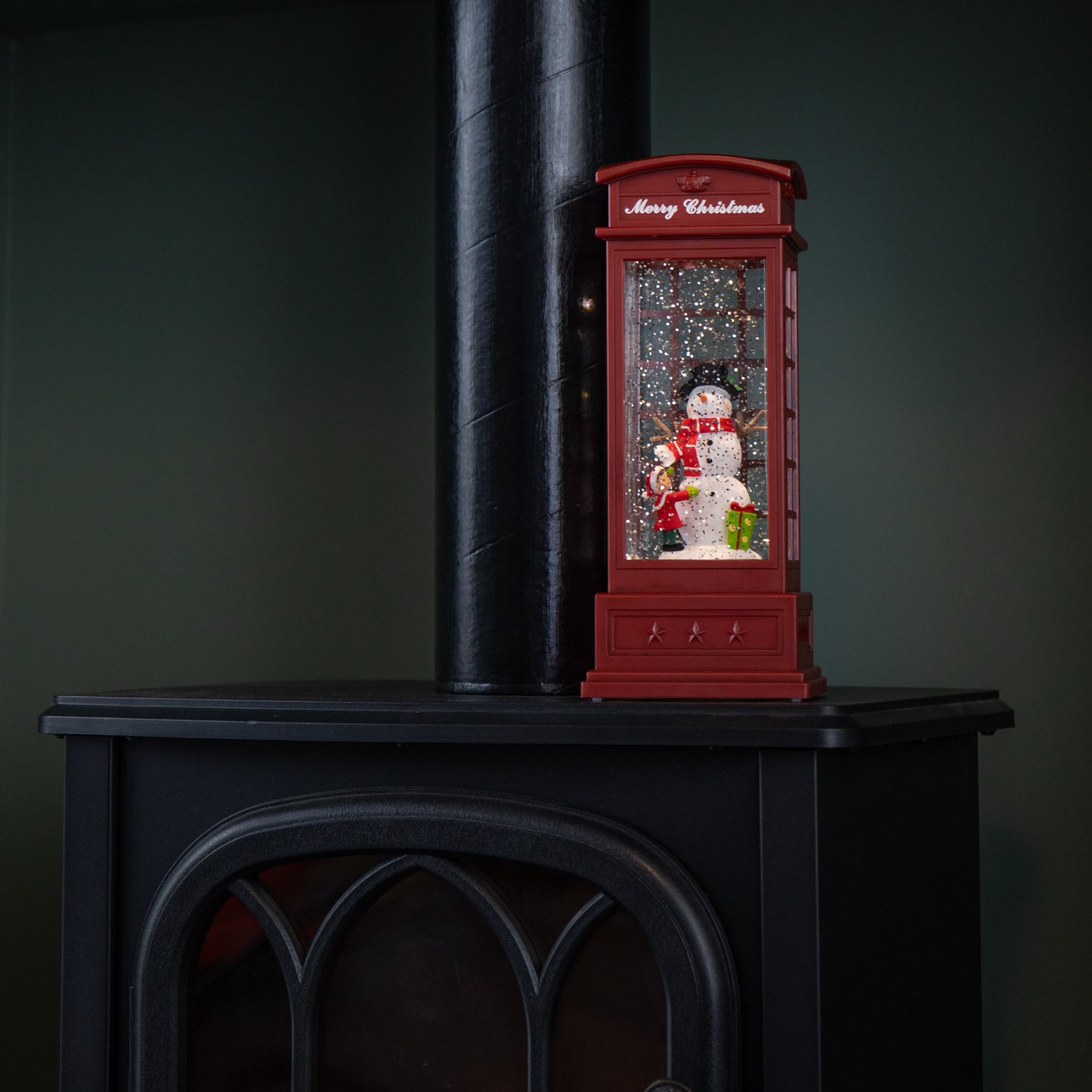 25cm Battery Operated Light up Christmas Phone Box Water Spinner with Snowman Scene & LEDs