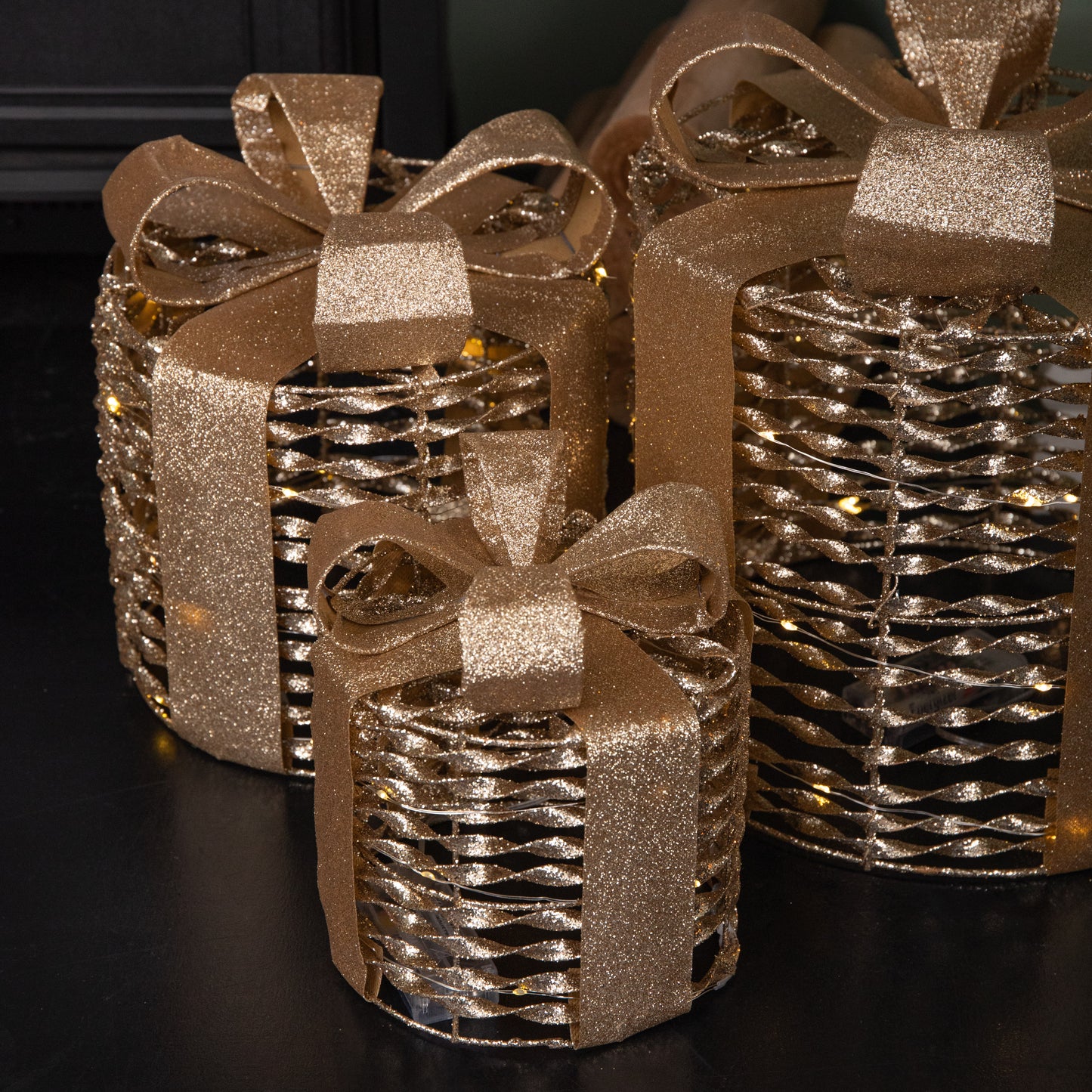 Set of 3 Battery Operated Gold Christmas Glitter Twist Gift Boxes with Warm White LEDs