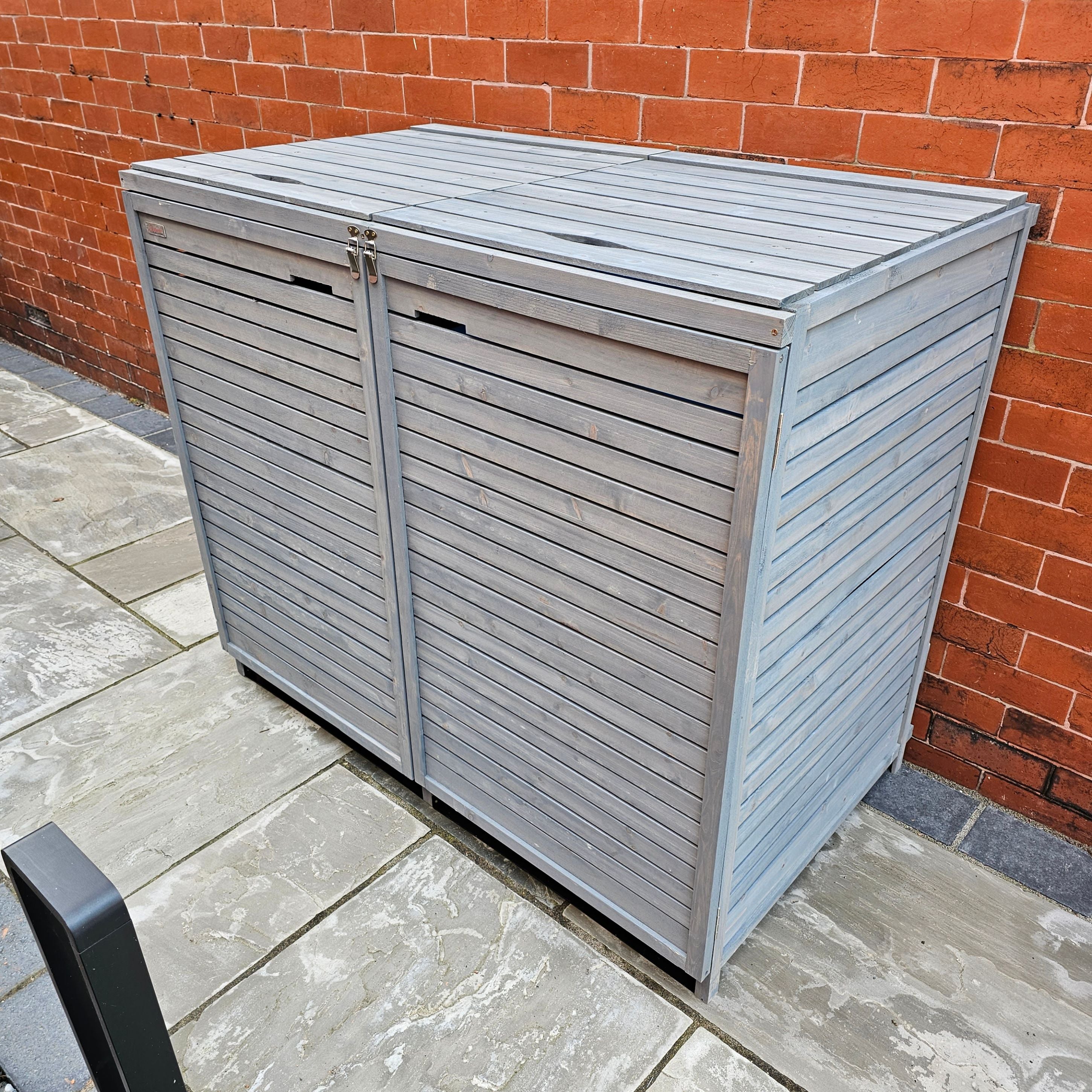 1.35m x 1.14m Large Grey Wooden Outdoor Garden Double Wheelie Bin Store Storage for 2 Bins