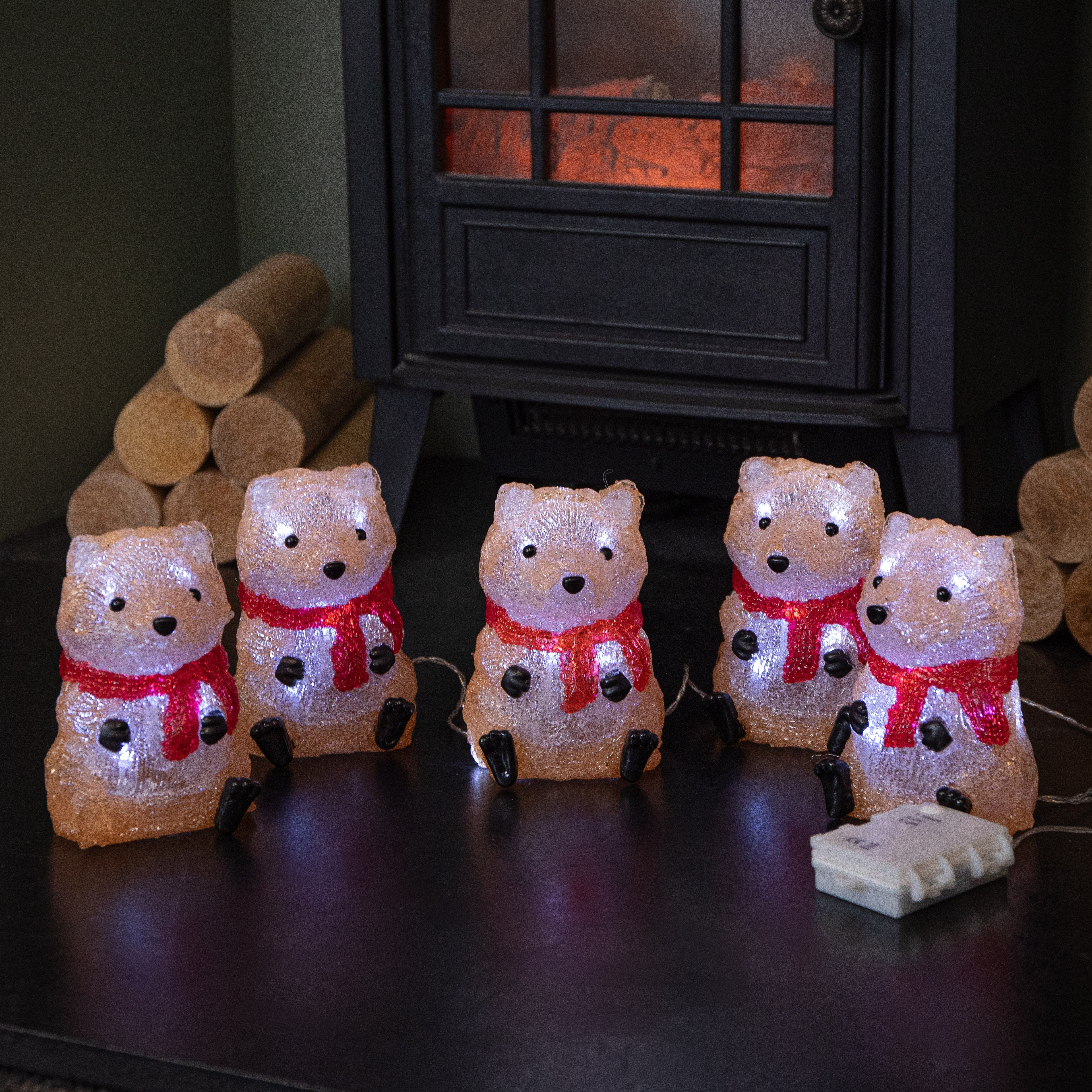 14cm Set of 5 Battery Operated Light up Christmas Fox Ornaments with 40 Cool White LEDs