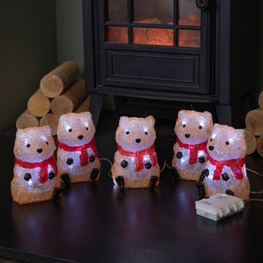 14cm Set of 5 Battery Operated Light up Christmas Fox Ornaments with 40 Cool White LEDs