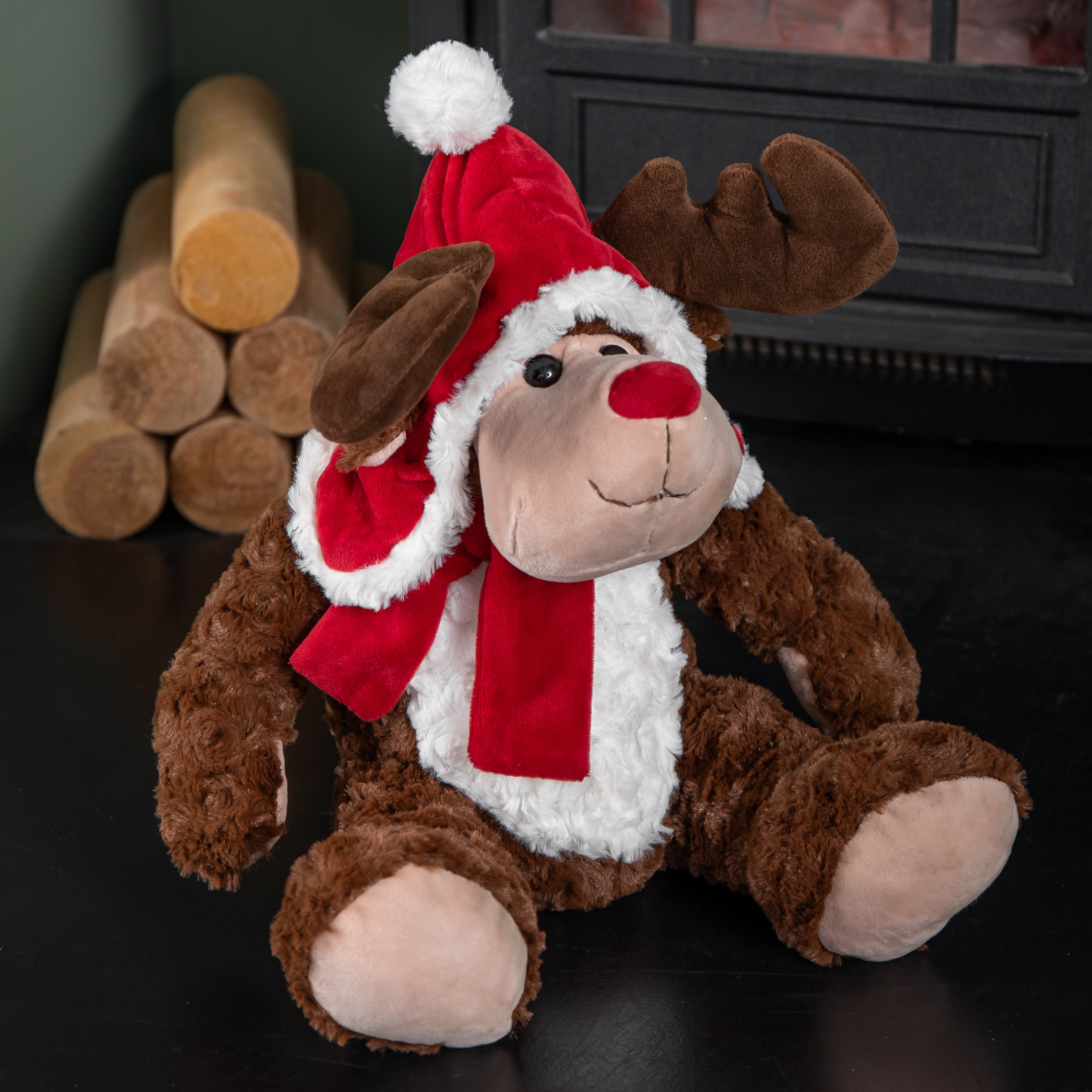 30cm Sitting Plush Christmas Reindeer with Red Hat & Scarf