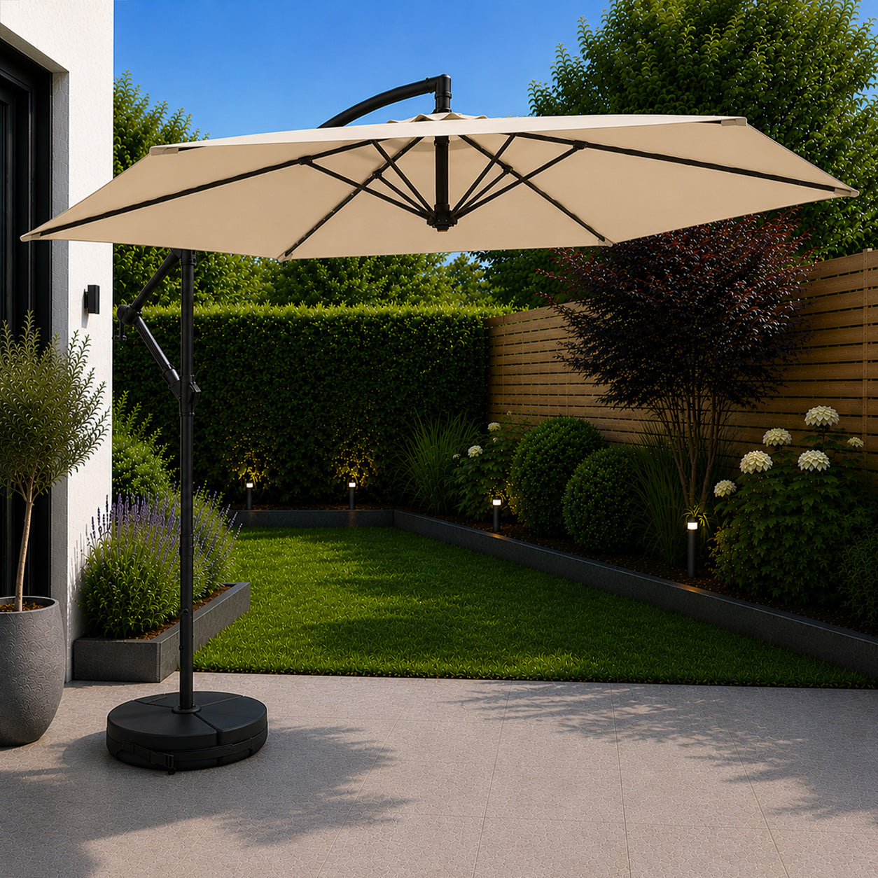 3m Cantilever Banana Garden Parasol with Crank Handle in Beige with Base Bag Included