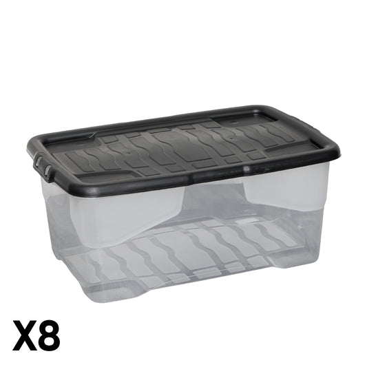 8 x 42L Clear Storage Box with Black Lid, Stackable and Nestable Design Storage Solution