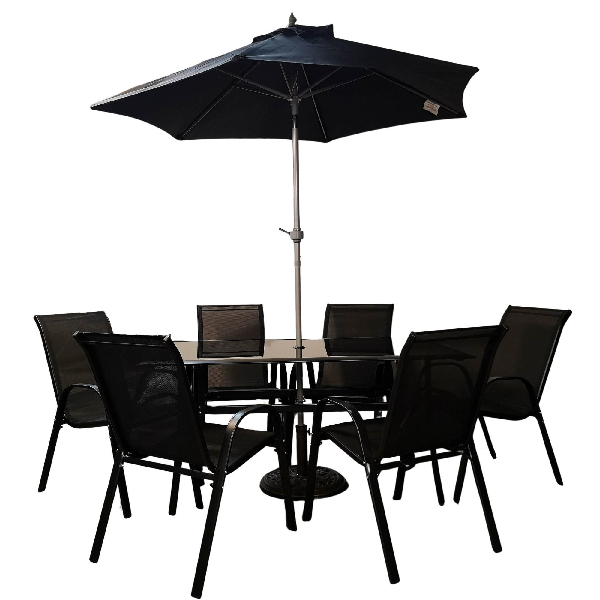 Outdoor 6 Person Rectangular Glass Top Garden Patio Dining Table Chairs With Black Parasol and Base Set