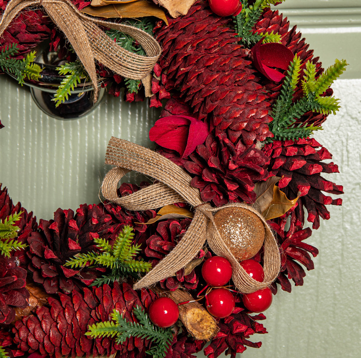 30cm Red Rose Hanging Christmas Wreath with Pinecones & Red Berries