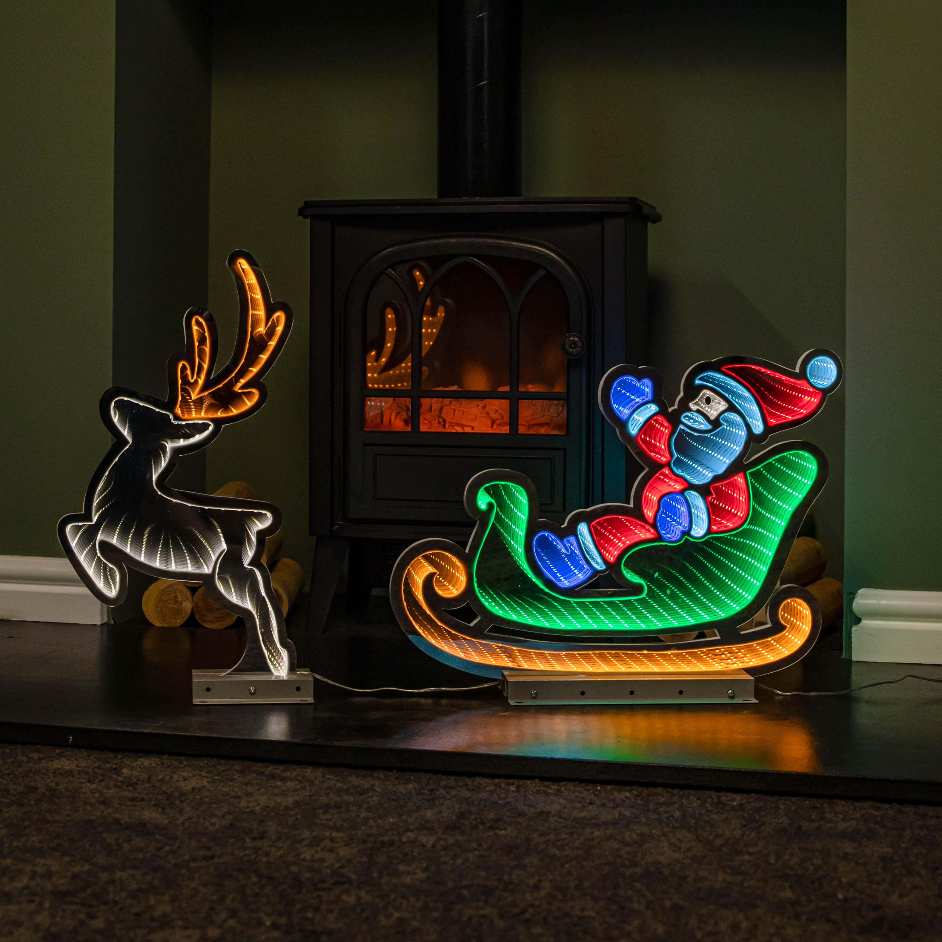 75cm Infinity Santa in Sleigh with Reindeer on Metal Base and Multi-Coloured LEDs