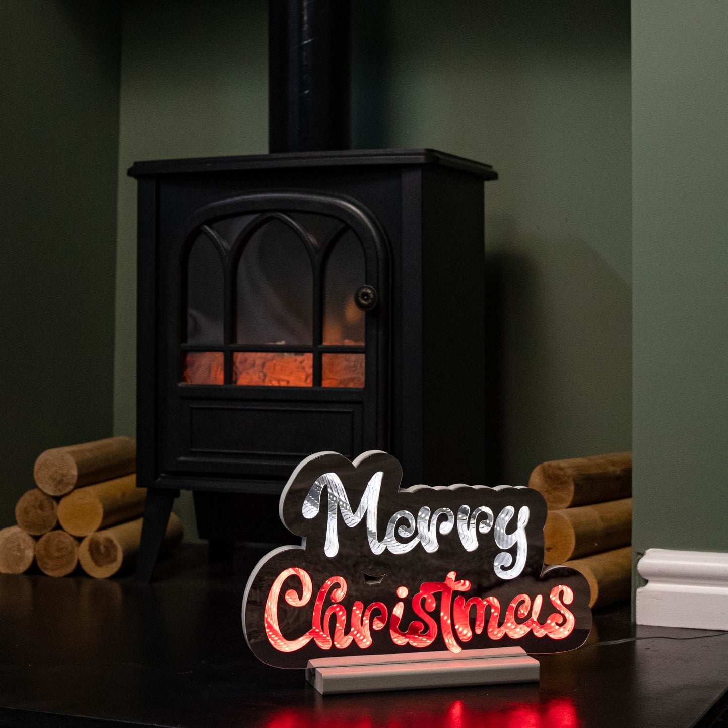 32cm Infinity Merry Christmas on Wooden Base with Red and White LEDs