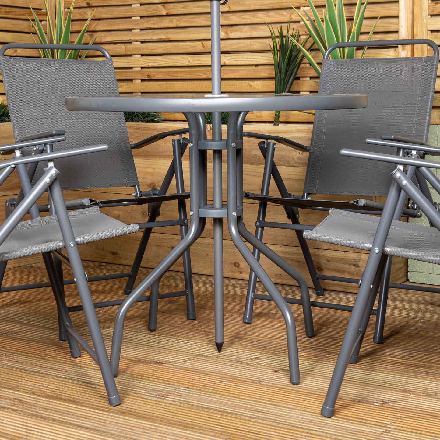 Factory Seconds: Samuel Alexander Outdoor 4 Seater Round Glass Top Table and Chairs Patio Set with Parasol in Grey