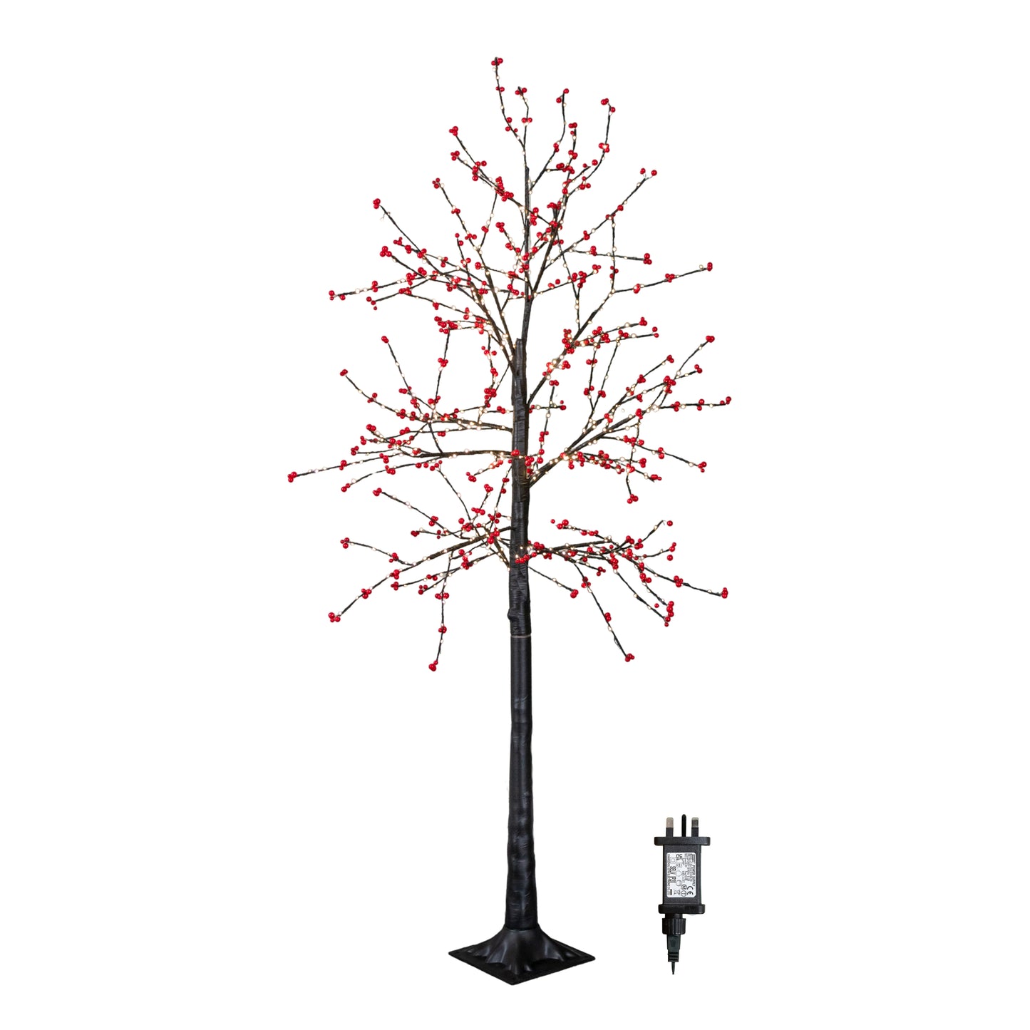 6ft (1.8m) Light up Black Christmas Twig Tree with Red Berries & Warm White LEDs