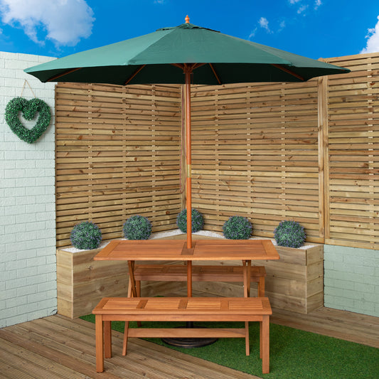 Outdoor 4 Person Rectangular Wooden Garden Dining Table, 2 Benches with Green Parasol and Base Set