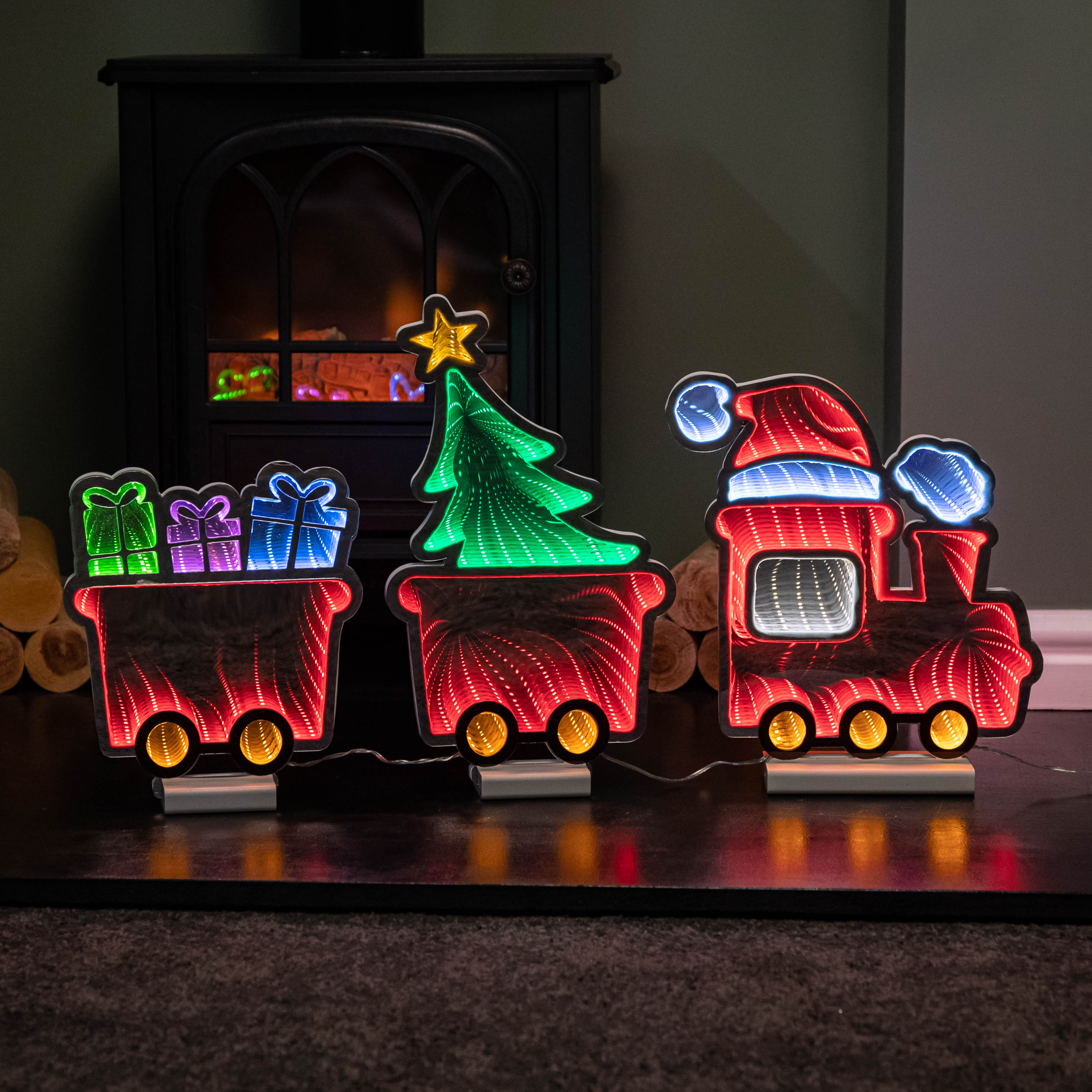 70cm Infinity Christmas Train with 2 Carriages on Wood Base and Multi-Coloured LEDs