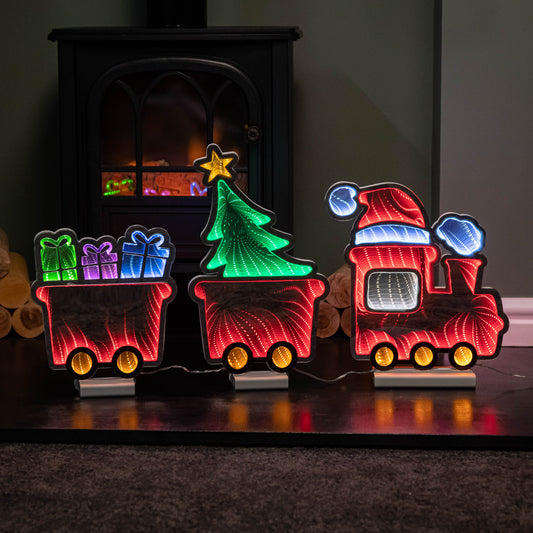 70cm Infinity Christmas Train with 2 Carriages on Wood Base and Multi-Coloured LEDs