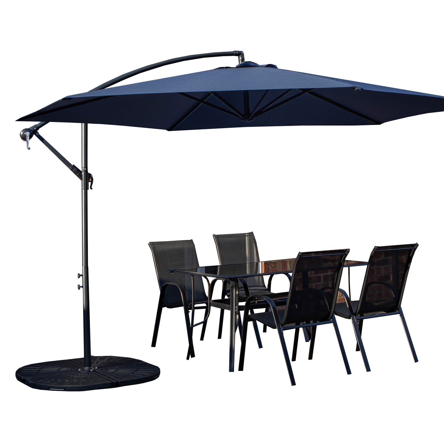 Outdoor 4 Person Rectangular Glass Top Garden Dining Table Chairs With Blue Banana Parasol and Base