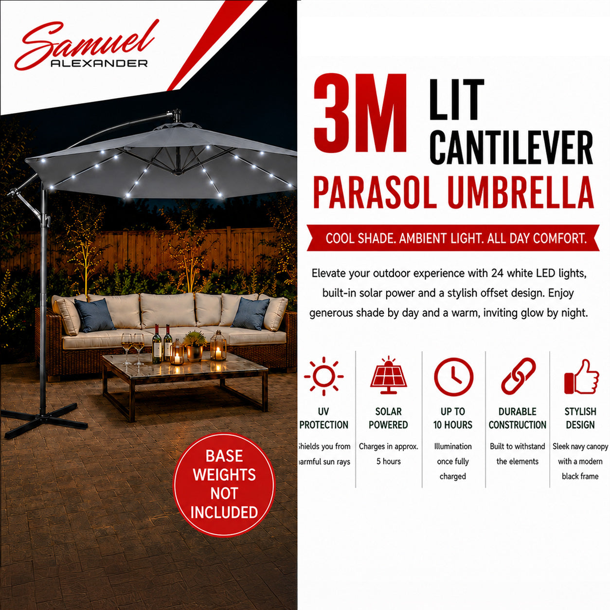Samuel Alexander 3m Solar Powered Cantilever Lit Garden Parasol with Crank Handle & White LED Lights in Grey