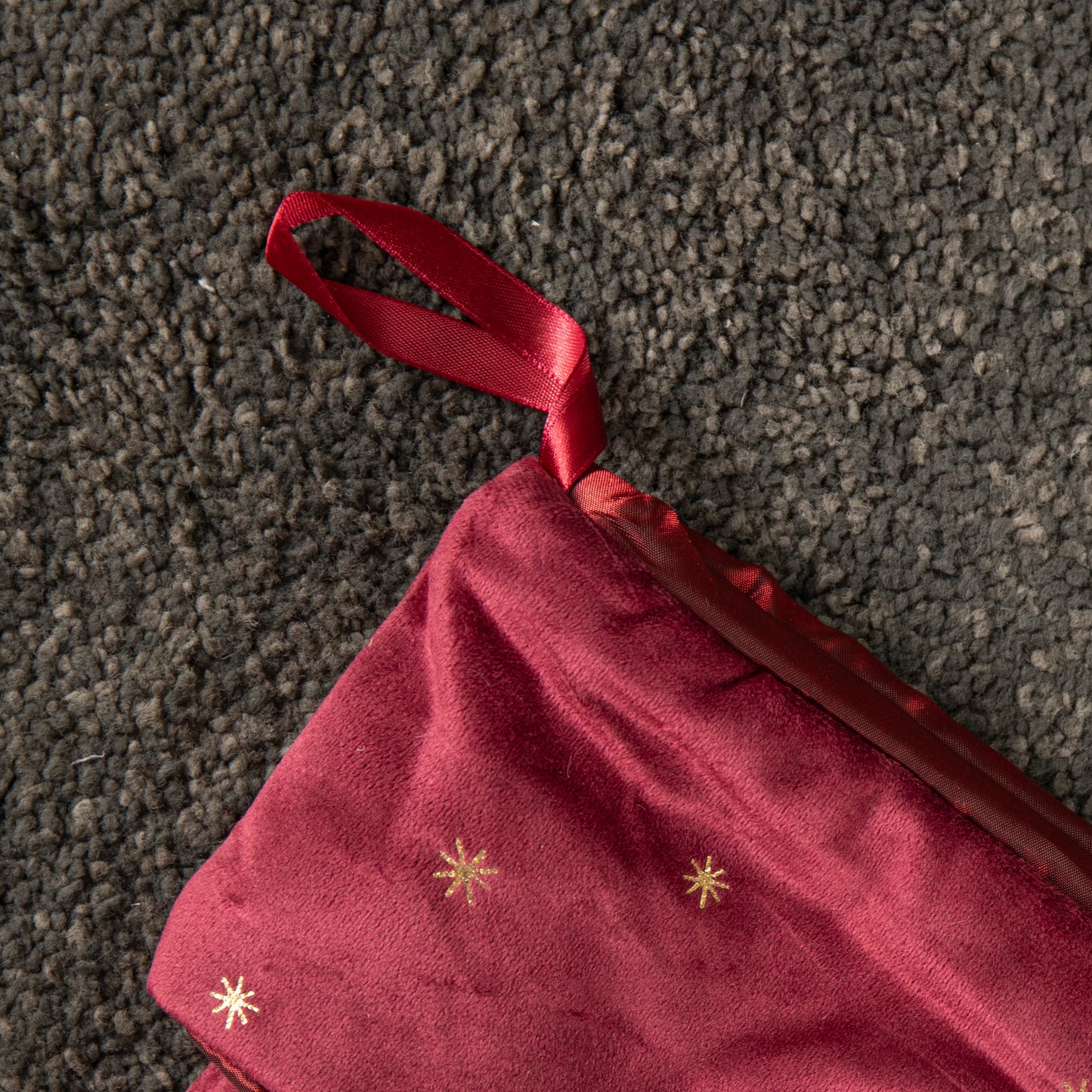 70cm Hanging Burgundy Velour Star Print Christmas Stocking with Pom Poms