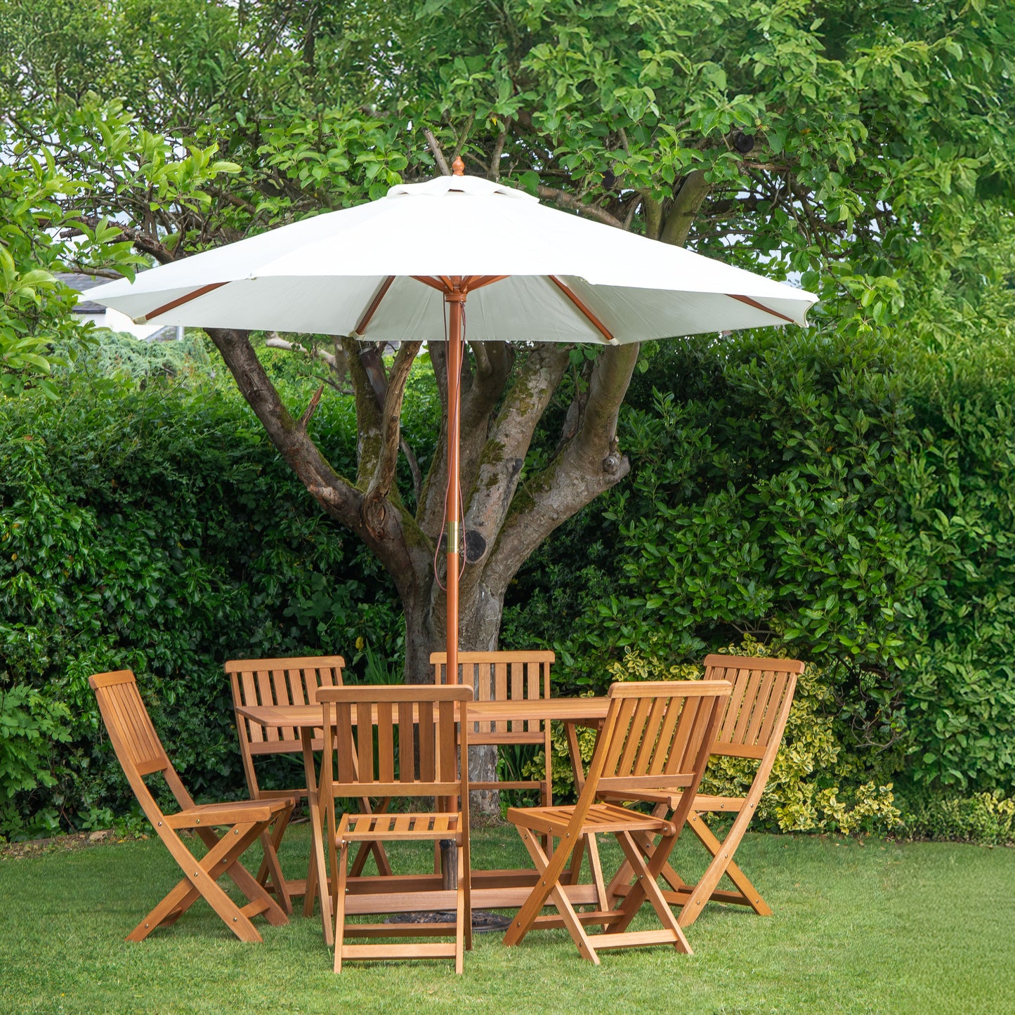 Outdoor 6 Person Folding Rectangular Wooden Garden Dining Table Chairs Cream Parasol and Base set