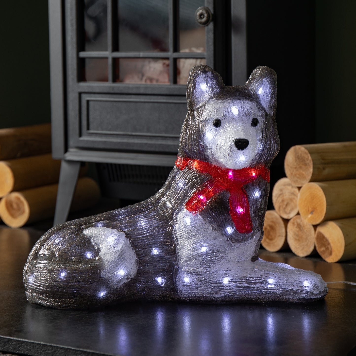 28cm Light up Acrylic Christmas Husky with Red Scarf Decoration and White LEDs