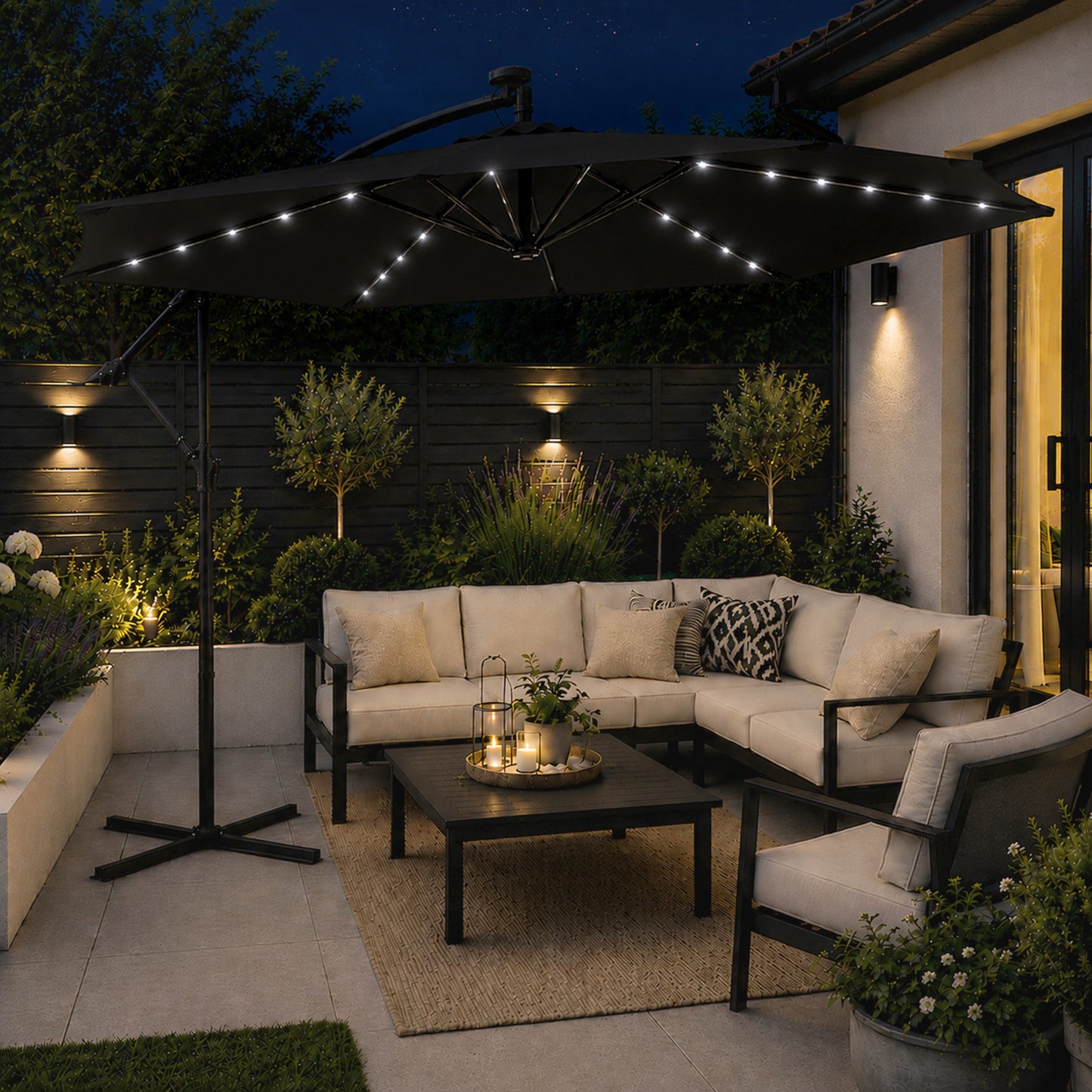 Choice of Colour 3m Hanging Banana Cantilever Garden Lit Parasol with Cover