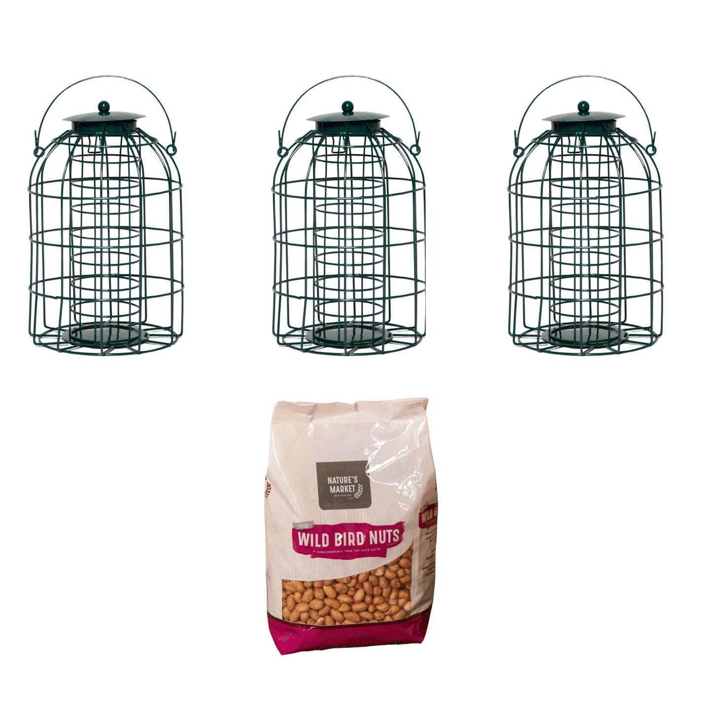 Pack of 3 Samuel Alexander Metal Hanging Bird Nut Feeder with Squirrel Guard & Pack of Nut Feed