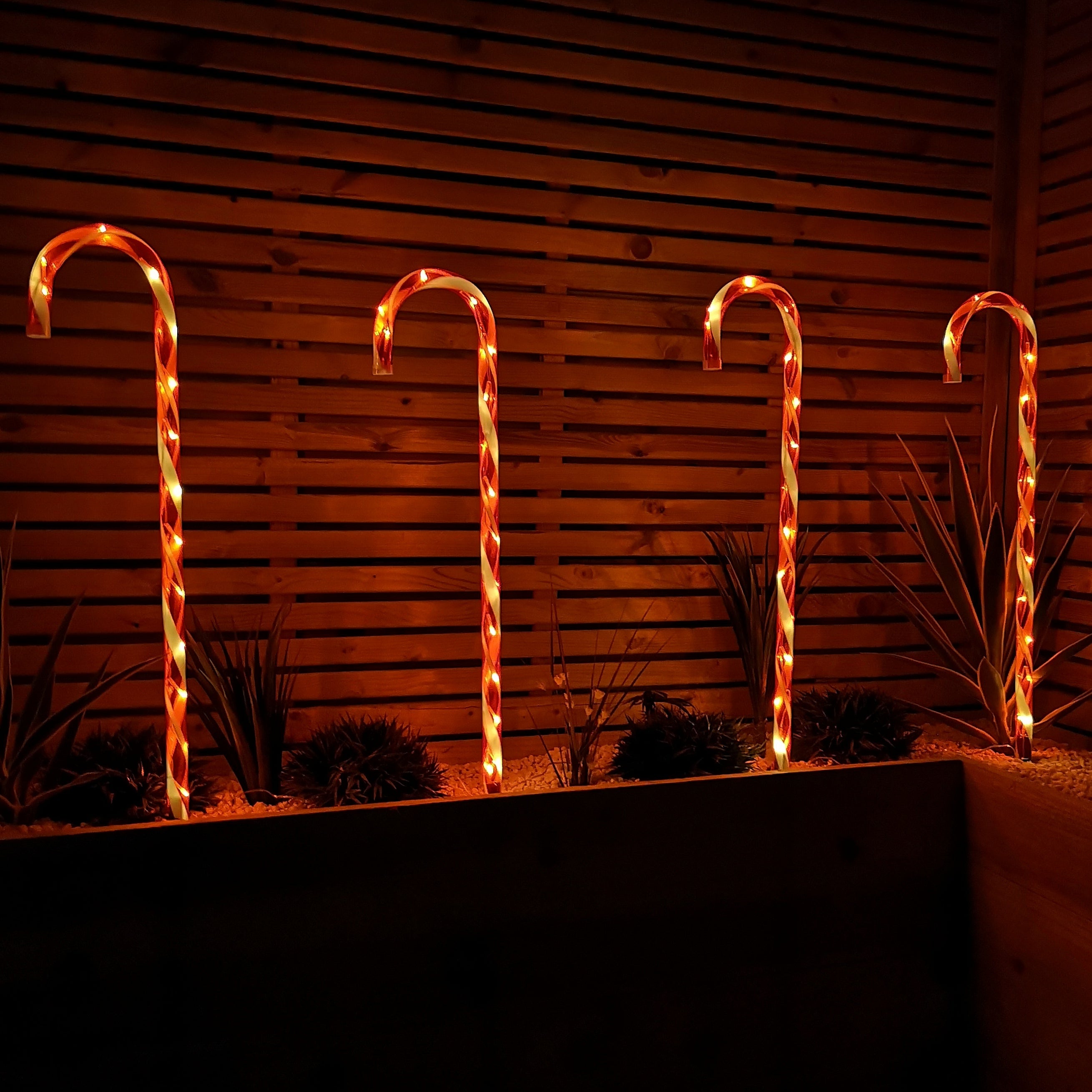 Set of 4 XL Light up Red & White Stripe Christmas Candy Cane Garden Stakes with LEDs