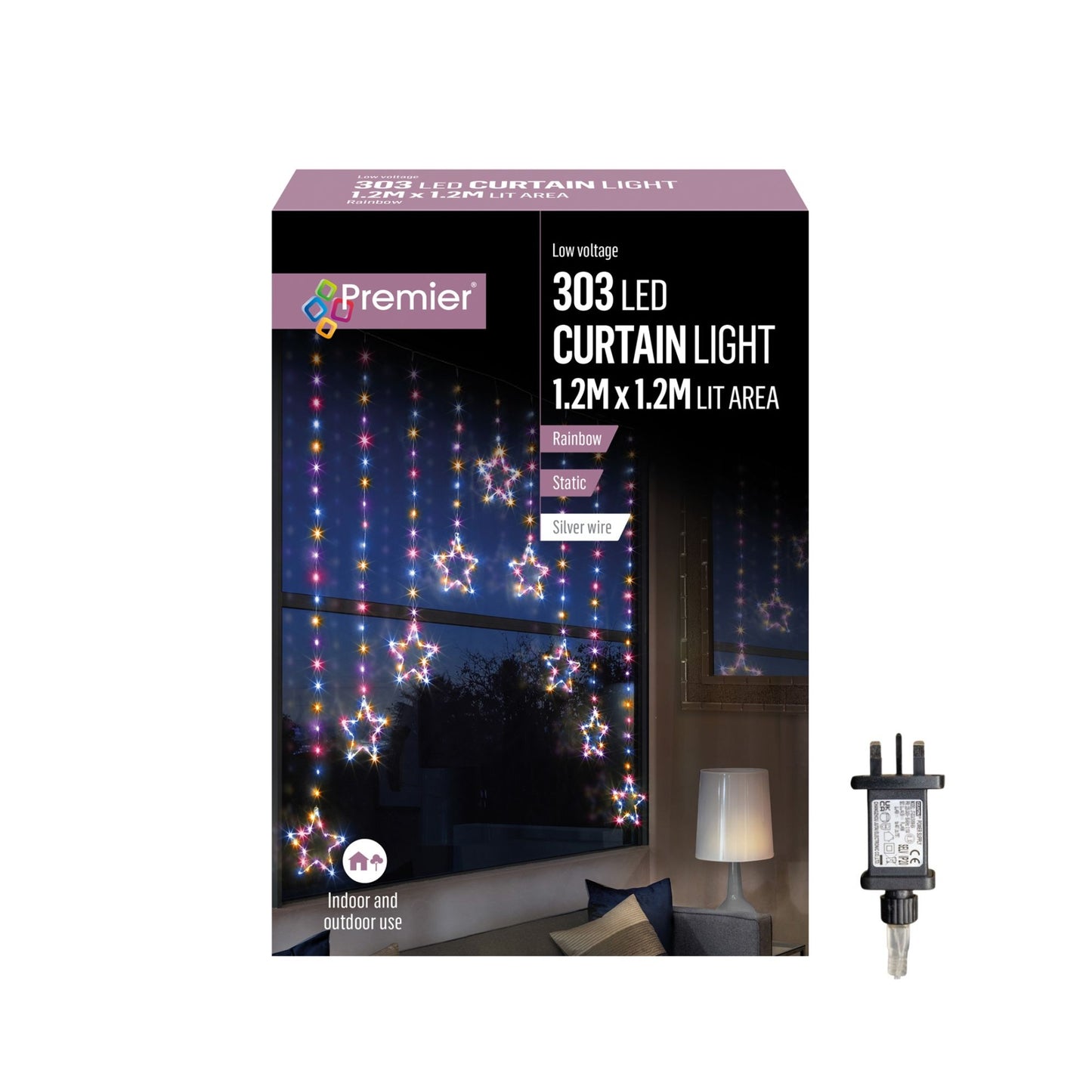 1.2m x 1.2m Light up Star Pin Wire Christmas Curtain Lights with 303 Rainbow LEDs