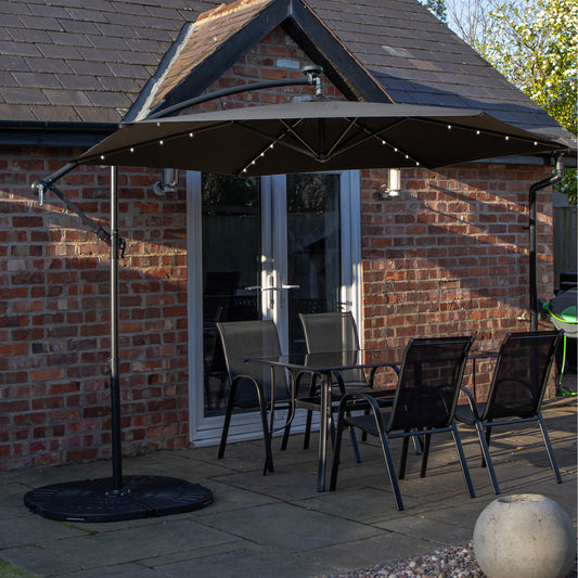 Outdoor 4 Person Rectangular Glass Top Garden Dining Table Chairs With Black Banana Lit Parasol and Base