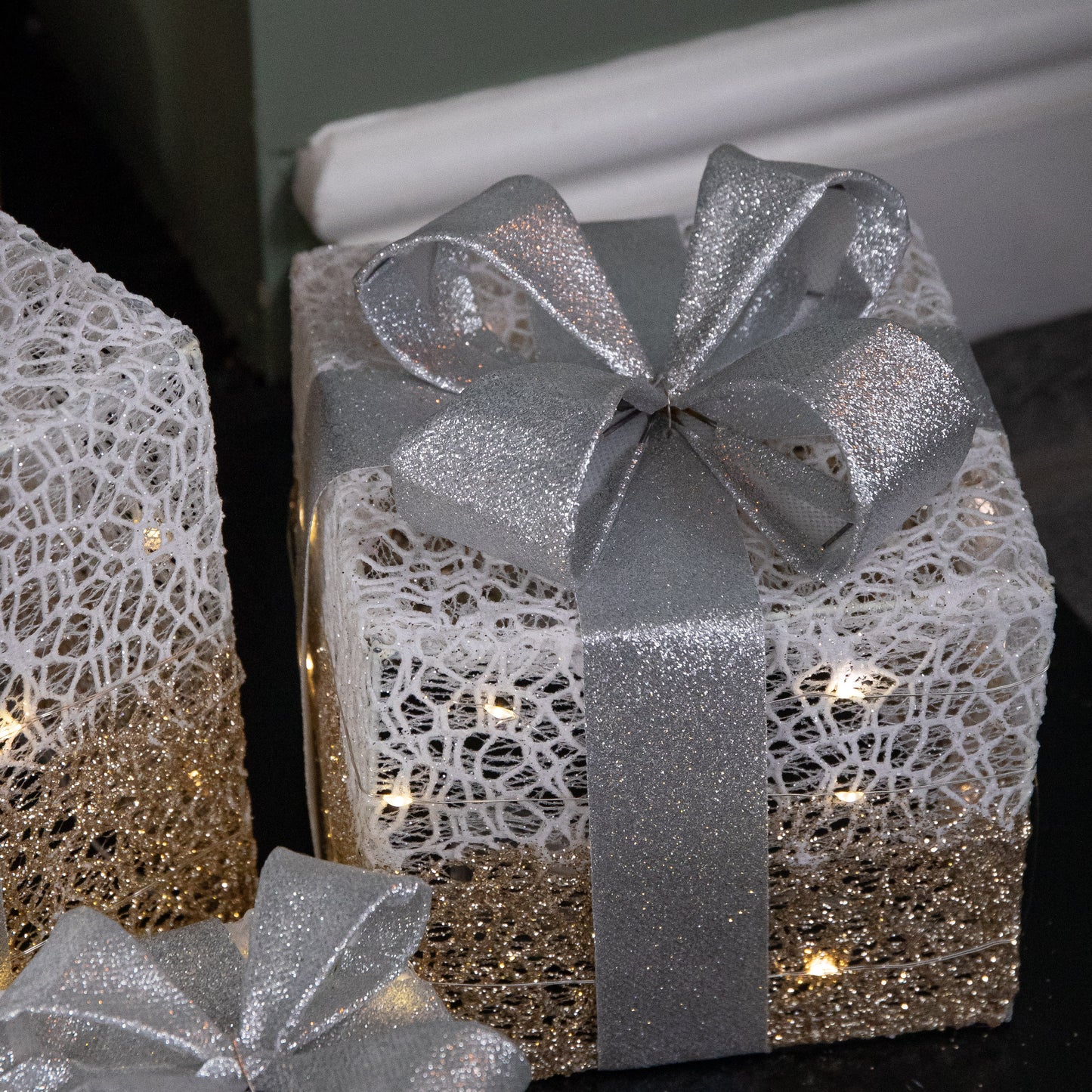Set of 3 Battery Operated Gold Sparkly Christmas Gift Boxes with LEDs