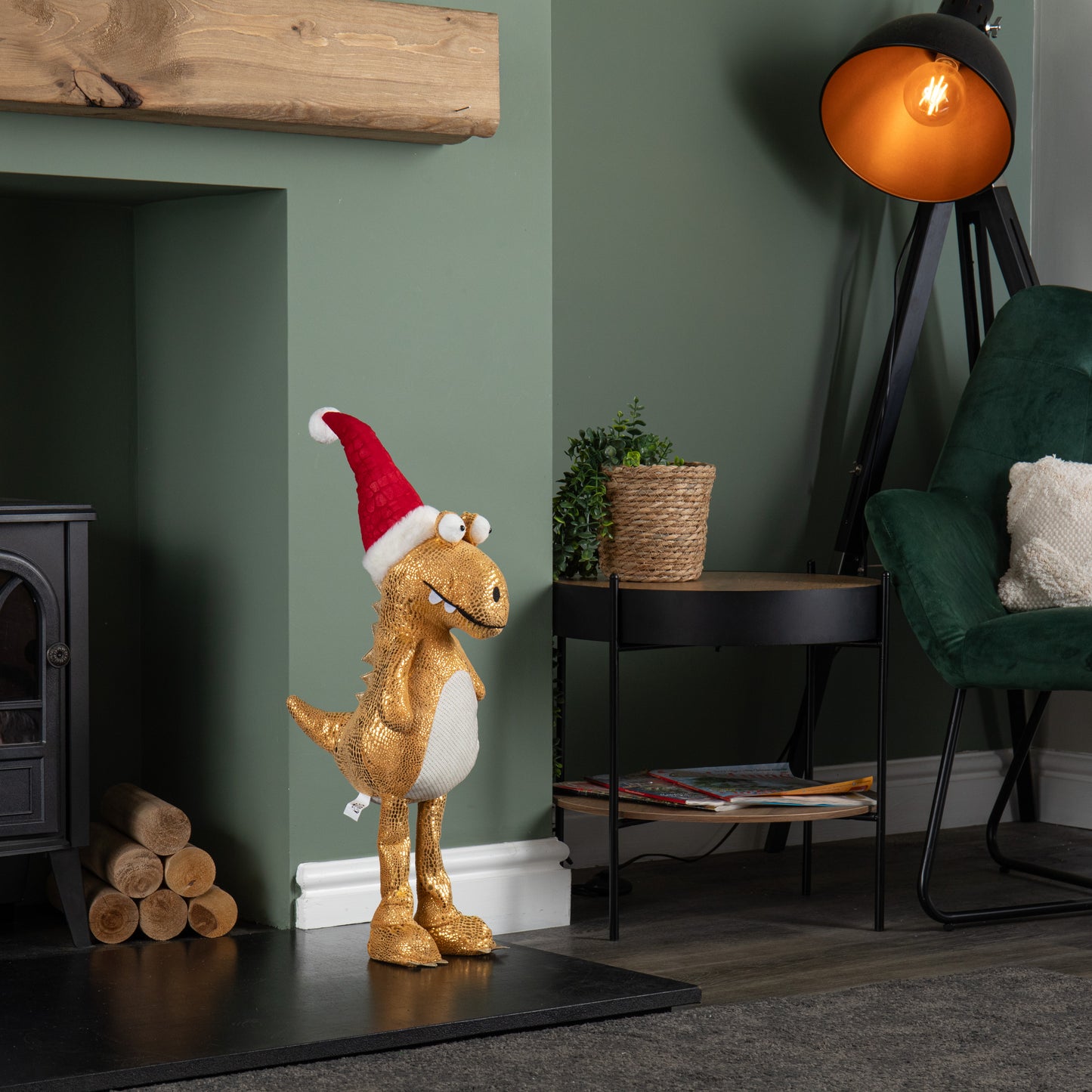 70cm Tall Gold Plush Santa-Saurus Dino Standing Christmas Decoration with Santa Hat