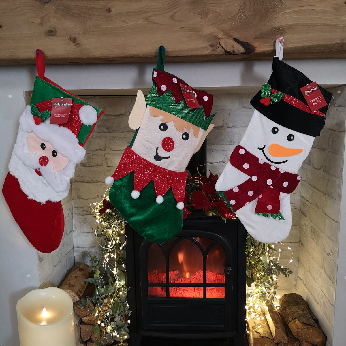 Bulk of 36 Hanging Christmas Stockings with 3 Different Designs - Santa, Snowman & Elf