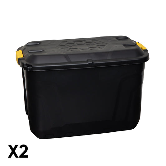 2 x 110L Heavy Duty Lockable Stackable Storage Chest Trunk on Wheels with Clips in Black