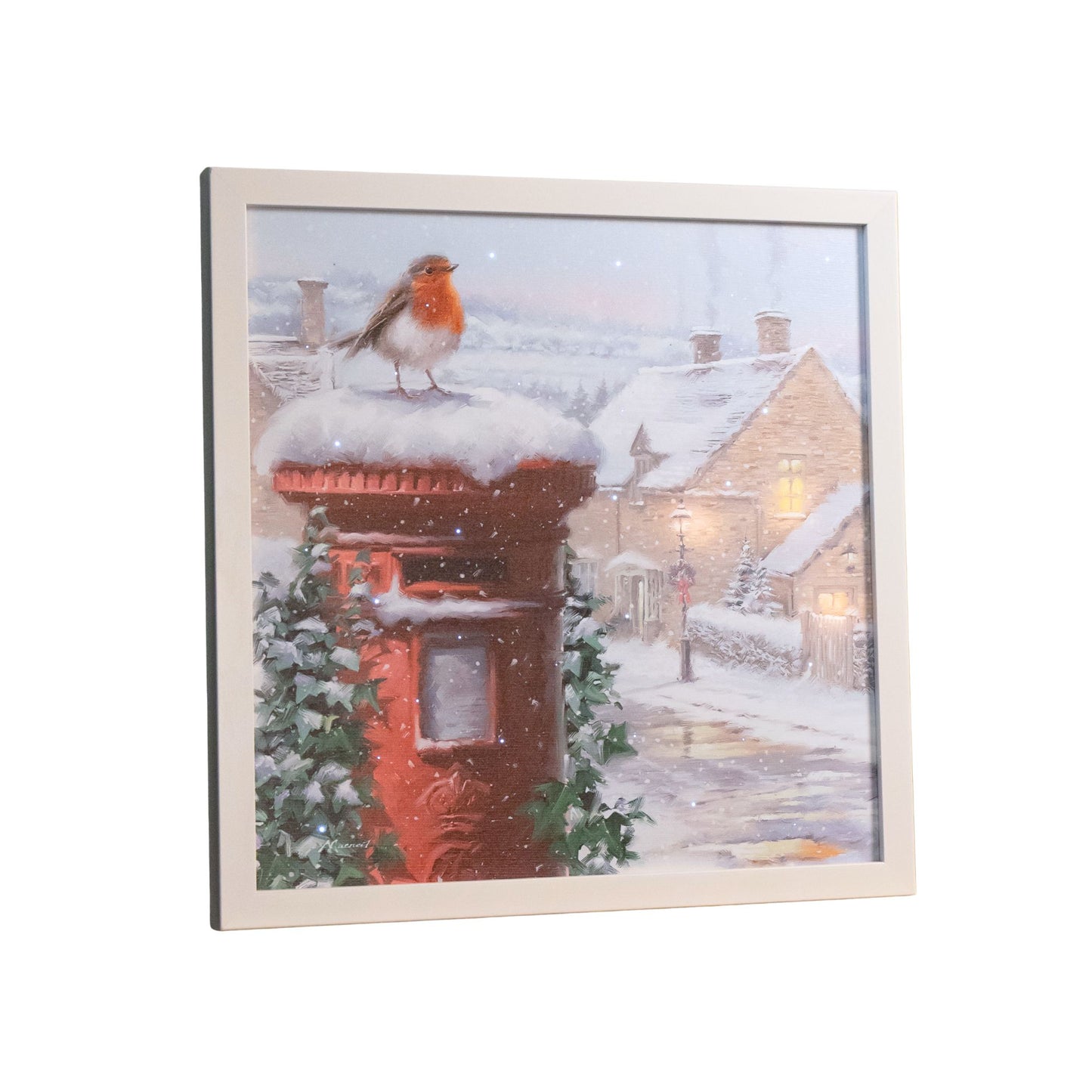 LED Battery Operated Fibre Optic Wall Art Canvas with a Robin and Postbox Christmas Decoration