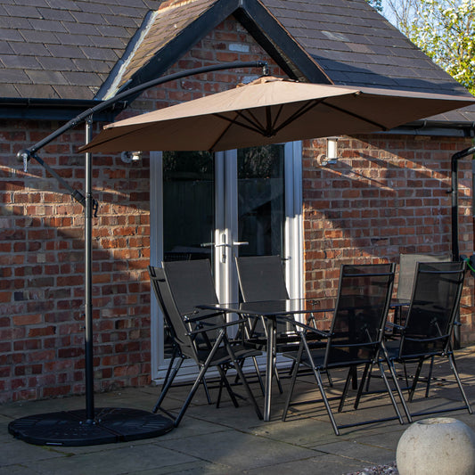 Outdoor 6 Person Rectangular Glass Top Garden Dining Table Chairs With Beige Banana Parasol and Base