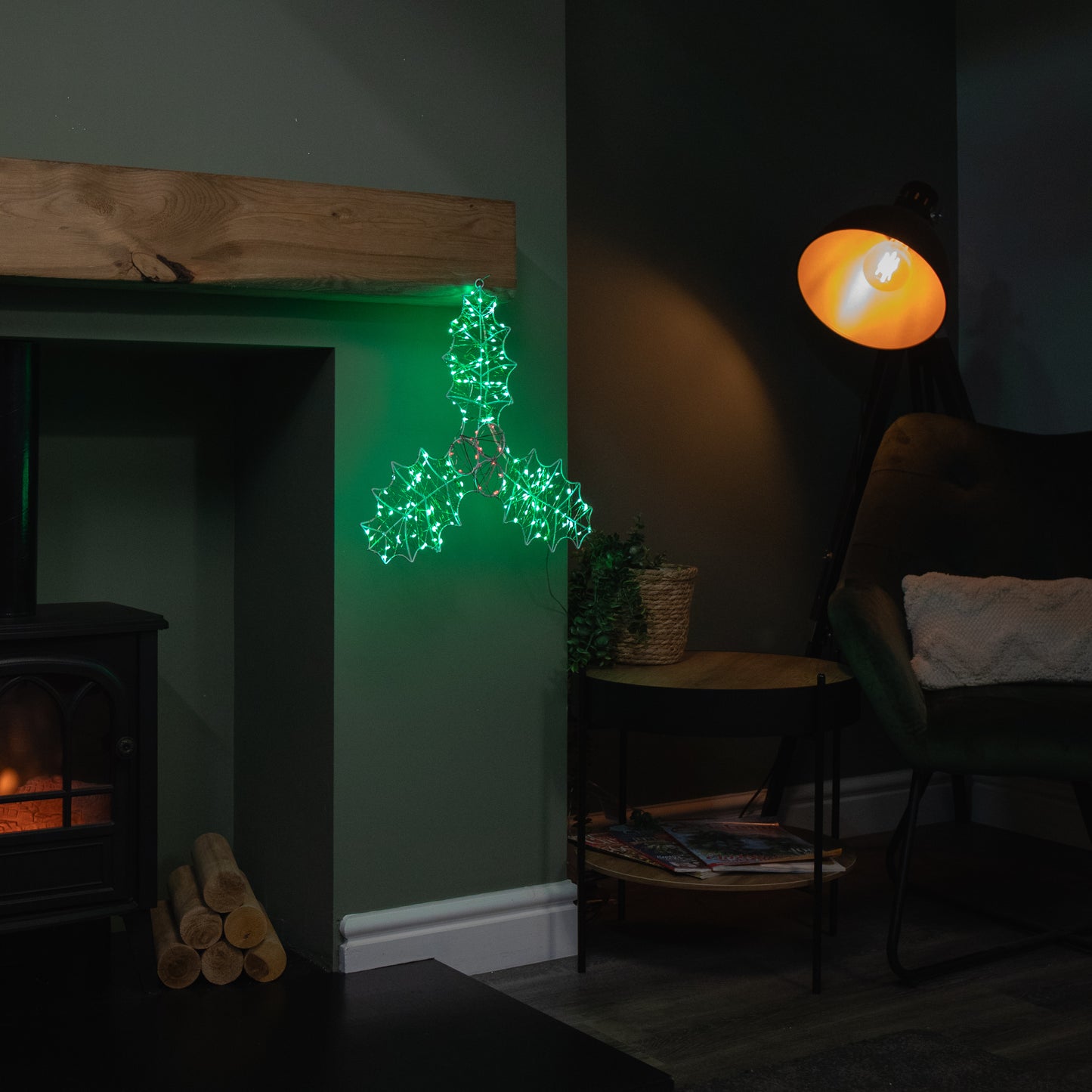 42cm x 44cm Light up Christmas Holly and Berries Dewdrop Silhouette with Twinkling LEDs