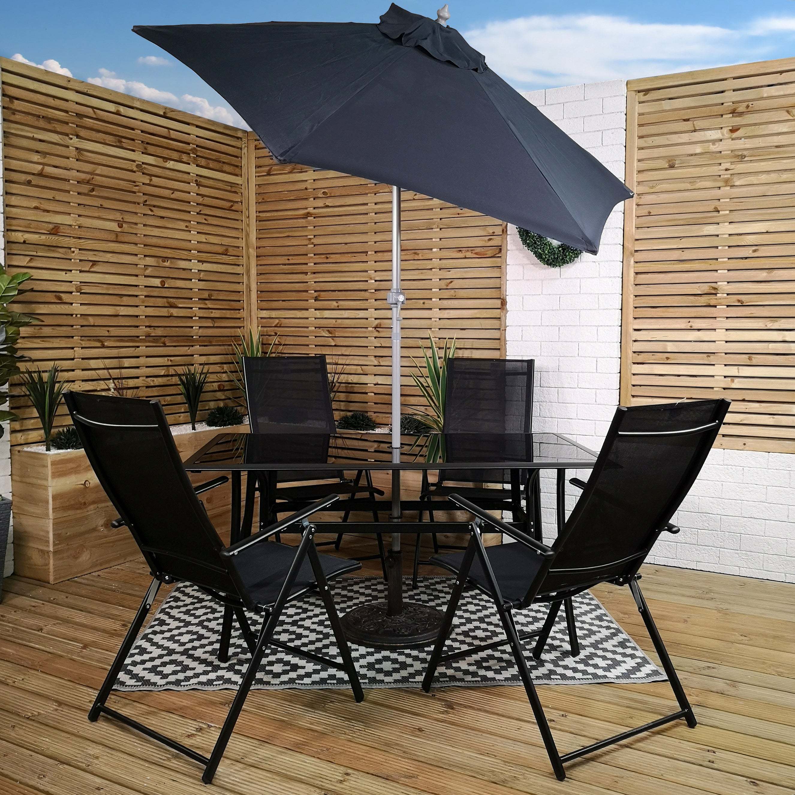 Outdoor 4 Person Rectangular Glass Top Garden Patio Dining Table Chairs With Black Parasol and Base Set
