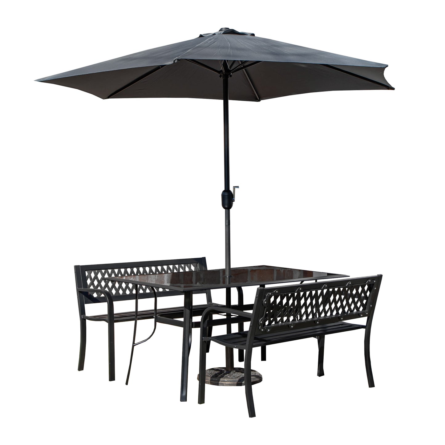 Outdoor 4 Person Rectangular Glass Top Garden Dining Table Benches With Grey Havana Parasol and Base Set