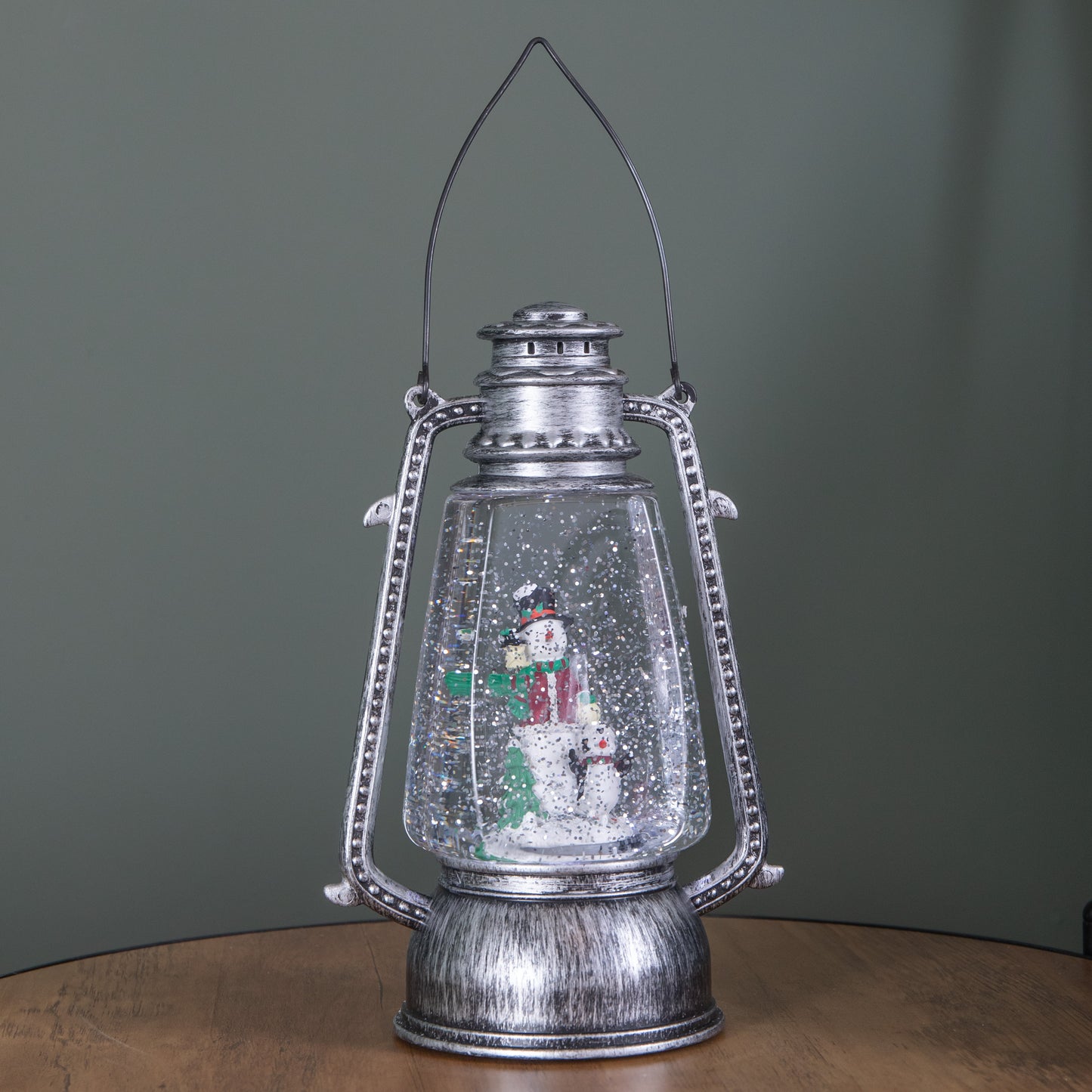 24cm Dual Powered Light up Silver Antique Lantern Christmas Water Spinner with Snowman Scene