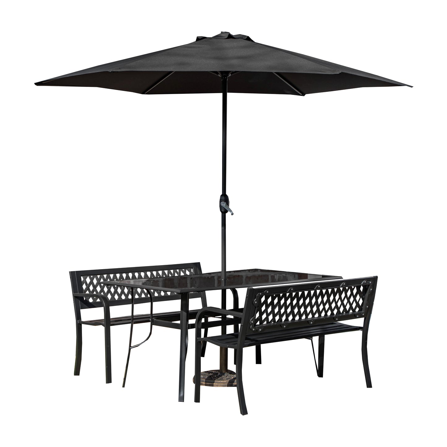 Outdoor 4 Person Rectangular Glass Top Garden Dining Table Benches With Black Havana Parasol and Base Set