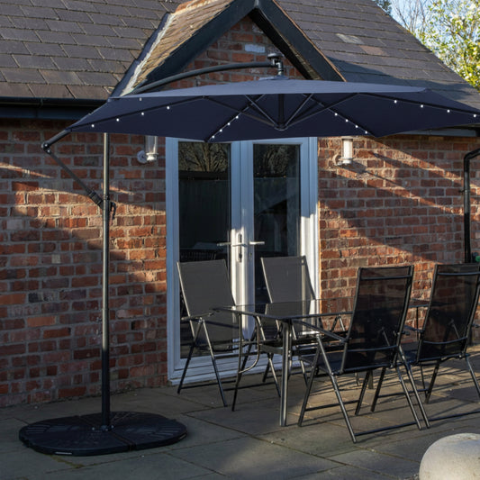 Outdoor 4 Person Rectangular Glass Top Garden Dining Table Chairs With Blue Banana Lit Parasol and Base Set
