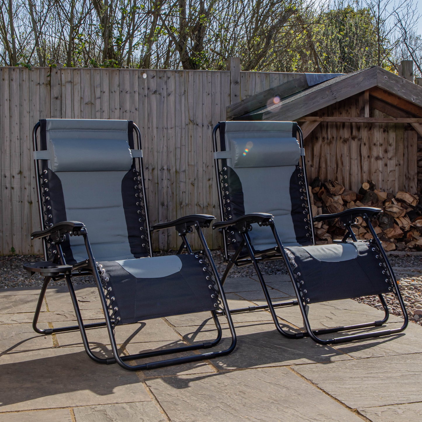 Set of 2 Luxury Padded Multi Position Zero Gravity Garden Relaxer Chair Lounger in Grey & Black