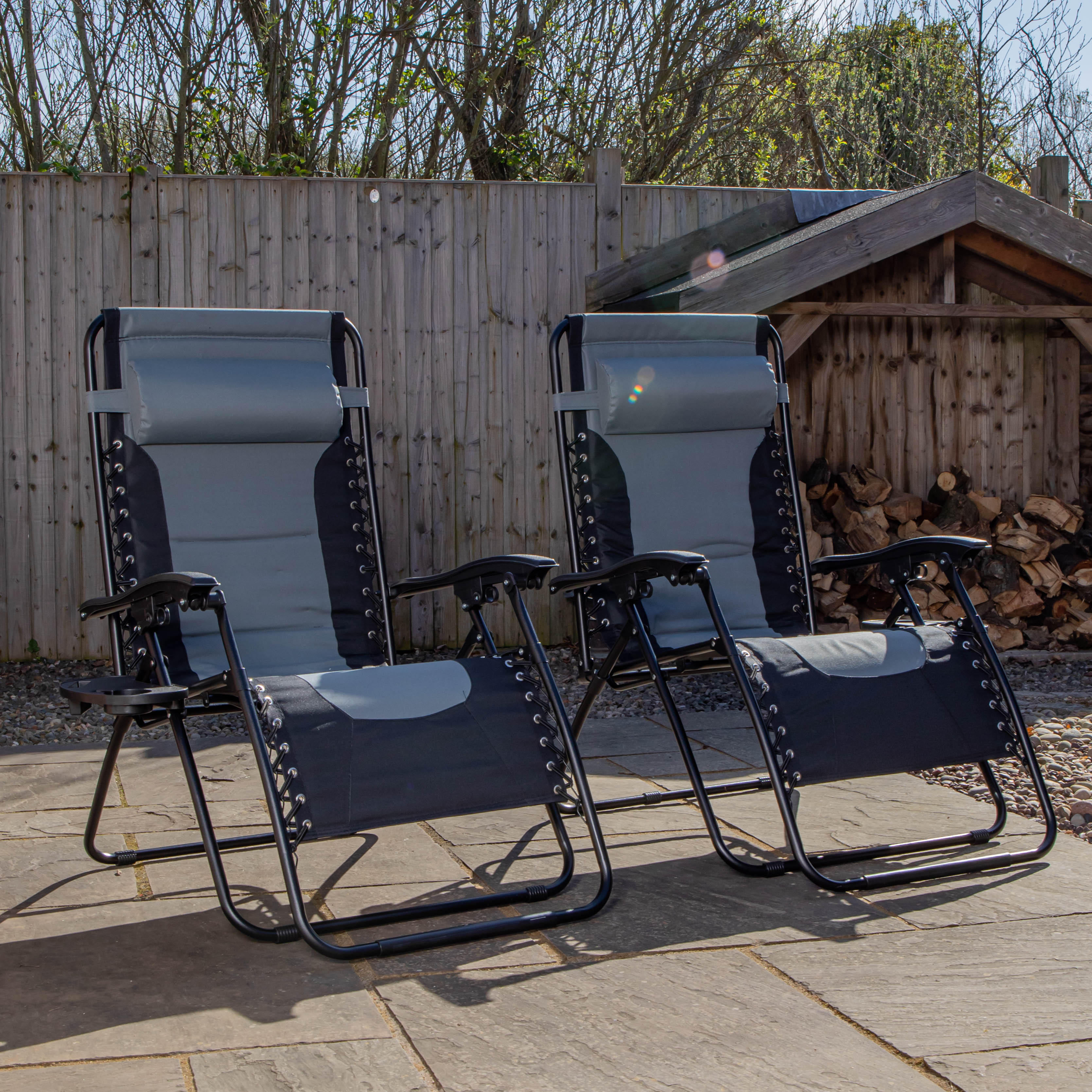 Set of 2 Luxury Padded Multi Position Zero Gravity Garden Relaxer Chair Lounger in Grey & Black