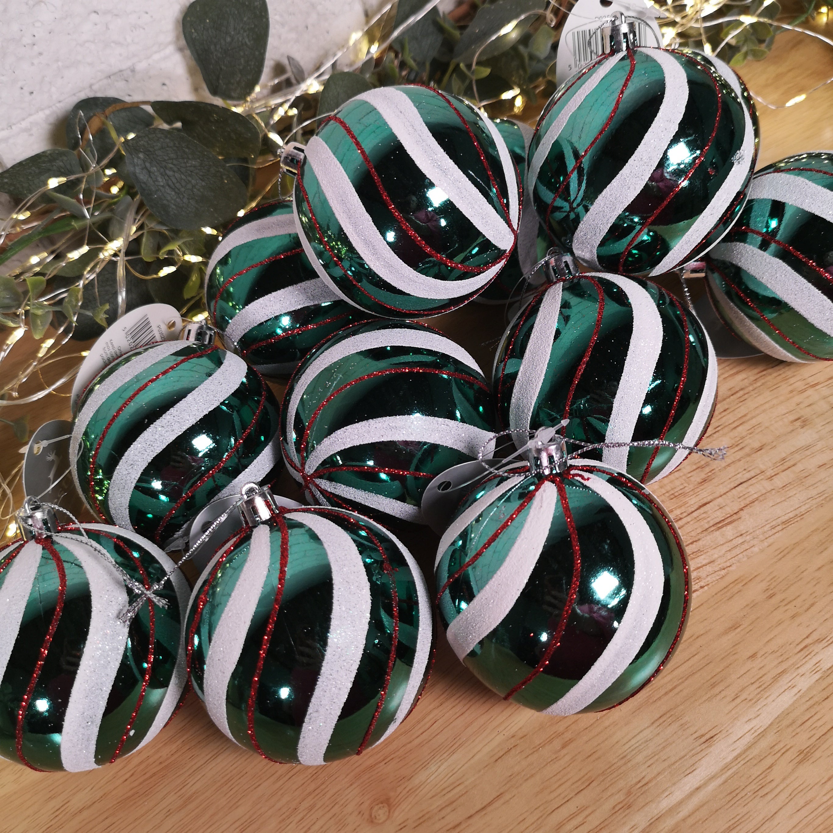 Box of 12 8cm Green with White and Red Glitter Shatterproof Christmas Bauble Decoration in PDQ