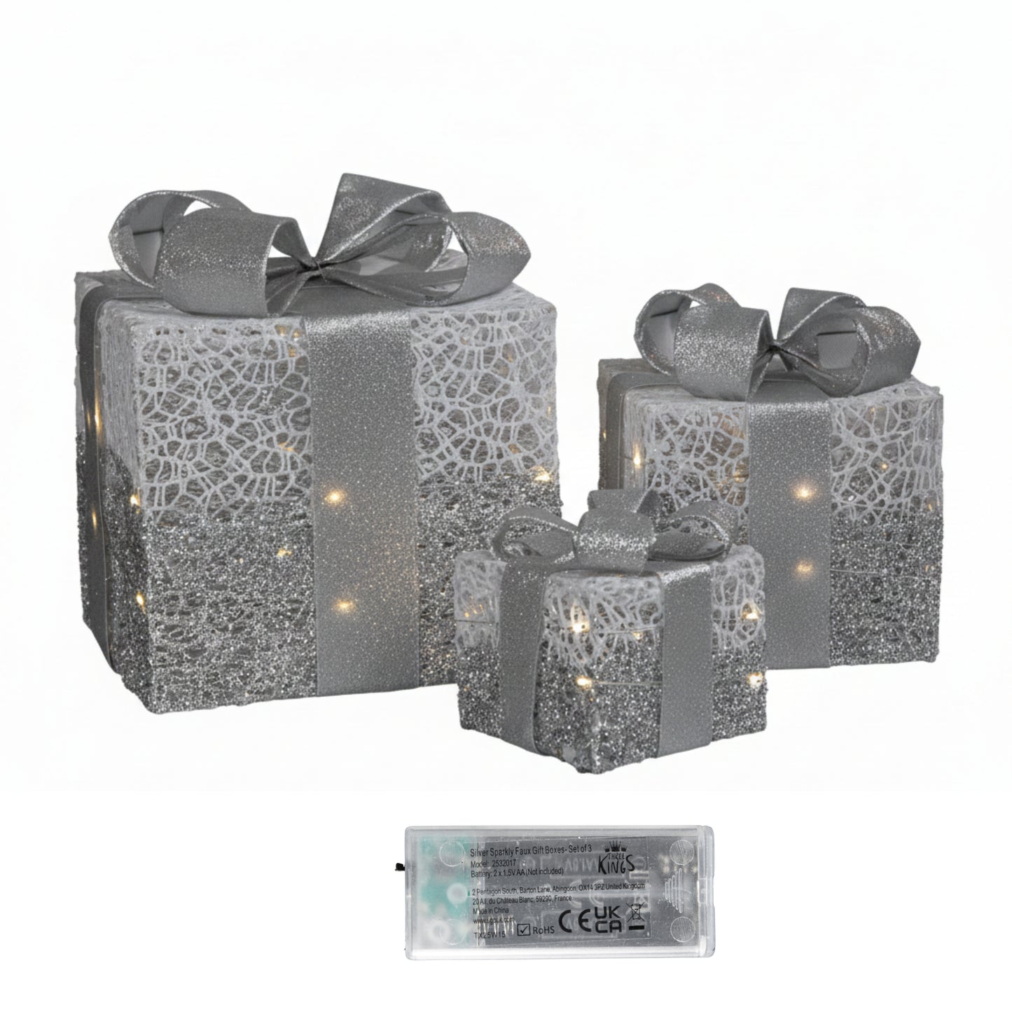 Set of 3 Battery Operated Silver Sparkly Christmas Gift Boxes with LEDs