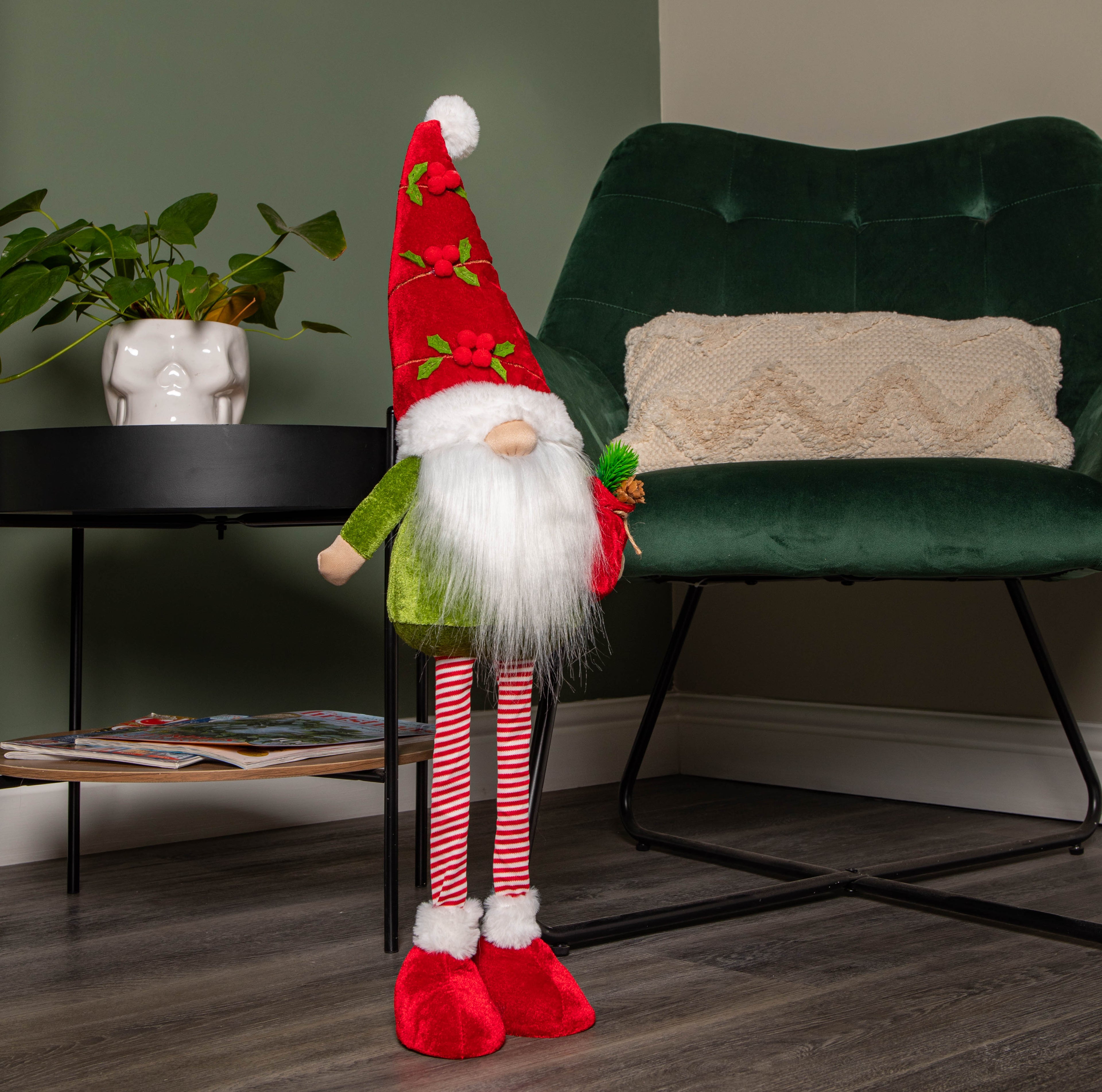 71cm Standing Christmas Gonk with Santa Hat and Extendable Legs in Reg and Green