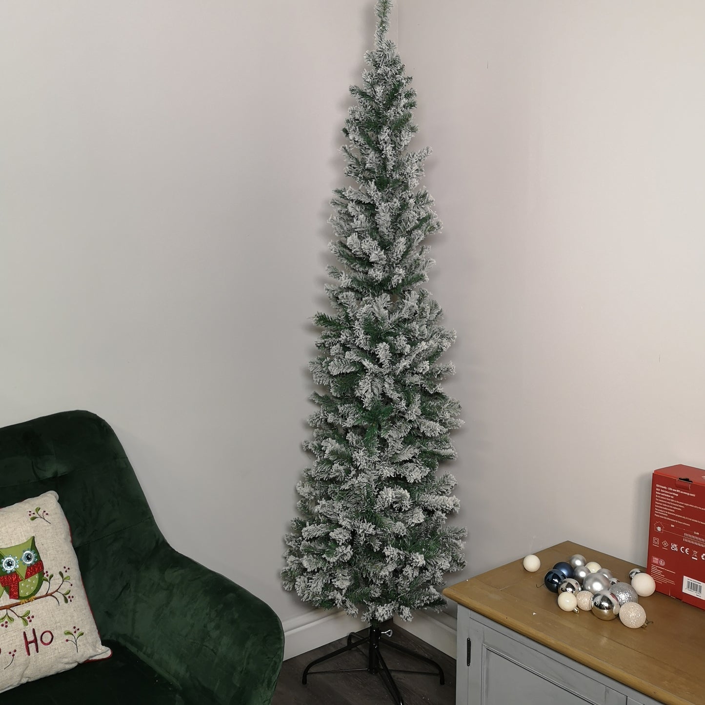 Factory Seconds: 6.5ft (2m) Snow Flocked PVC Spruce Pine Slim Christmas Tree in Green